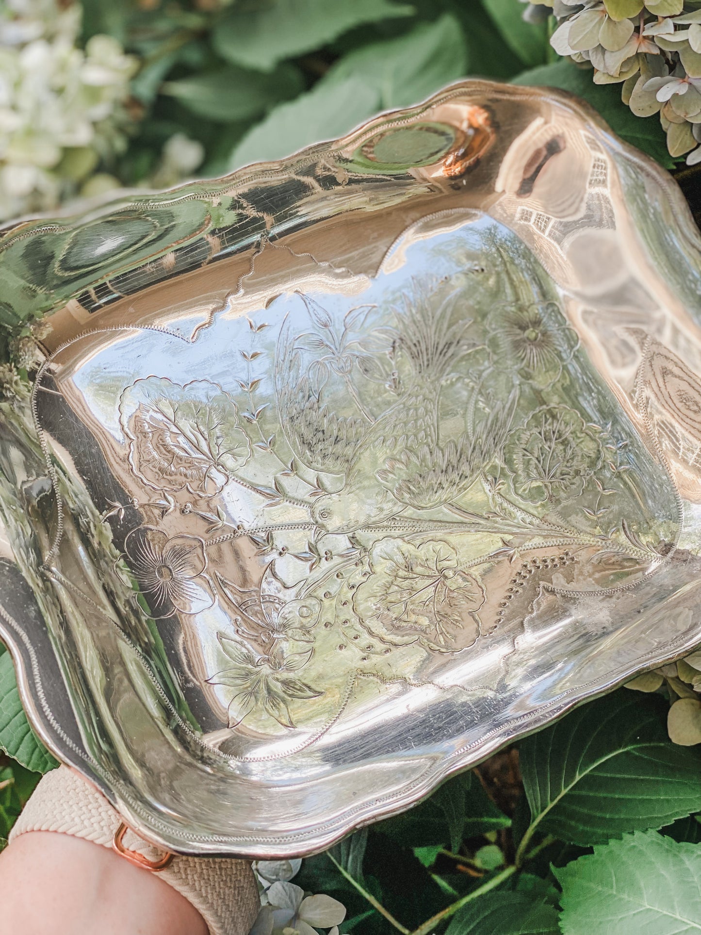 Stunning Antique Silver Tray with Bird Engraving