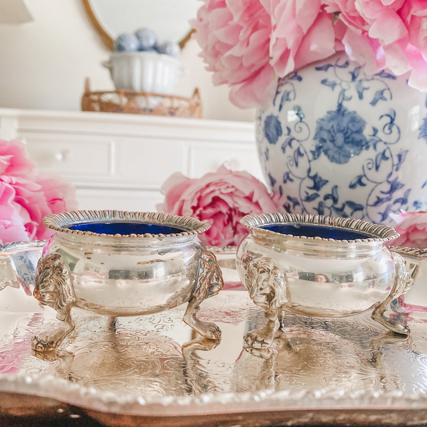 Set of 2 English Antique Salts with Blue Cobalt Liners