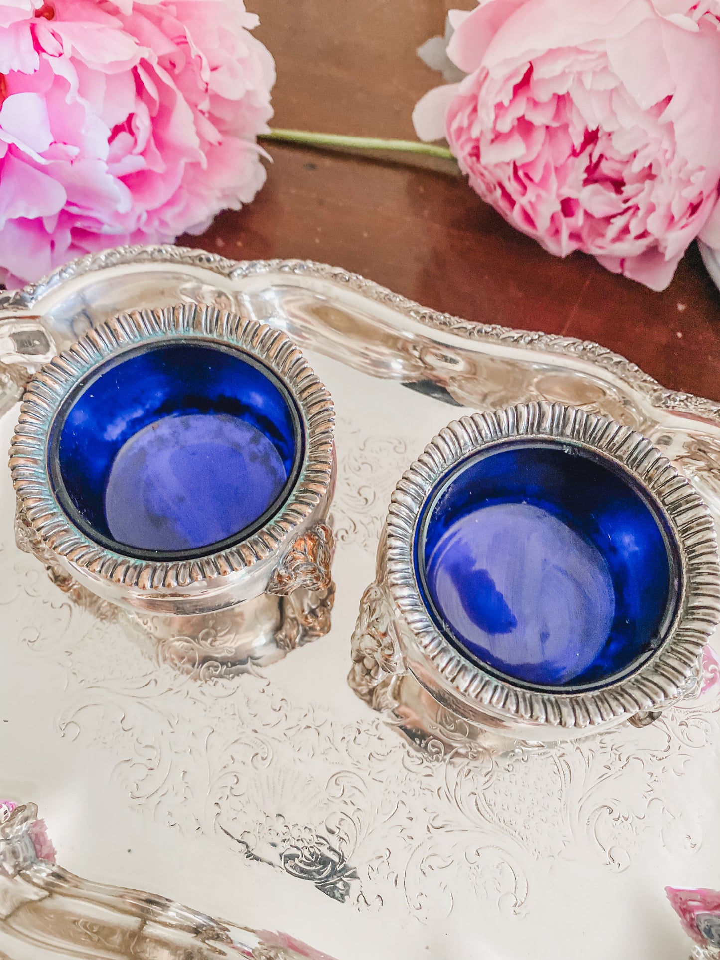 Set of 2 English Antique Salts with Blue Cobalt Liners