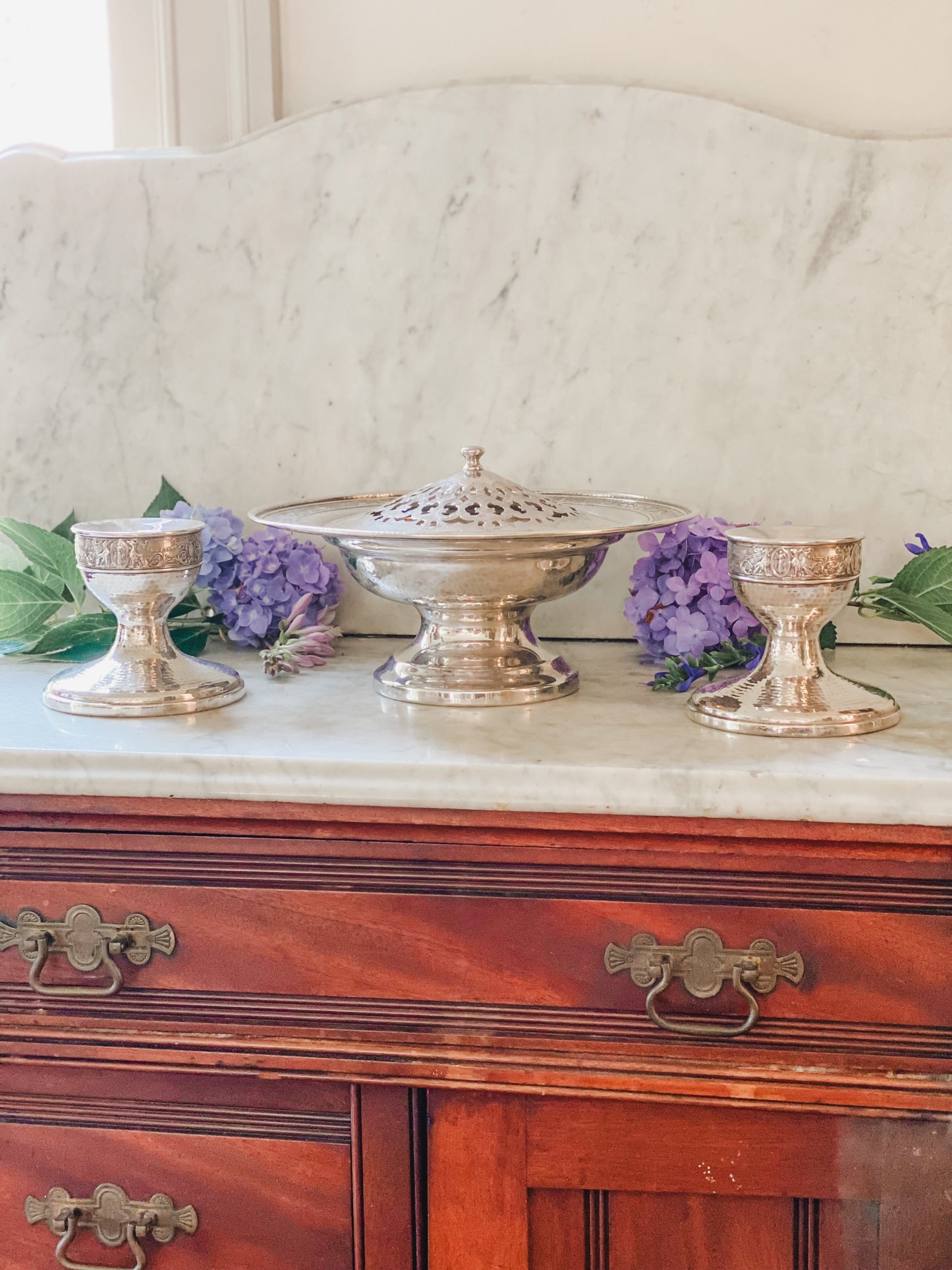 Art Nouveau Flower Frog Pedestal and Matching Candlesticks