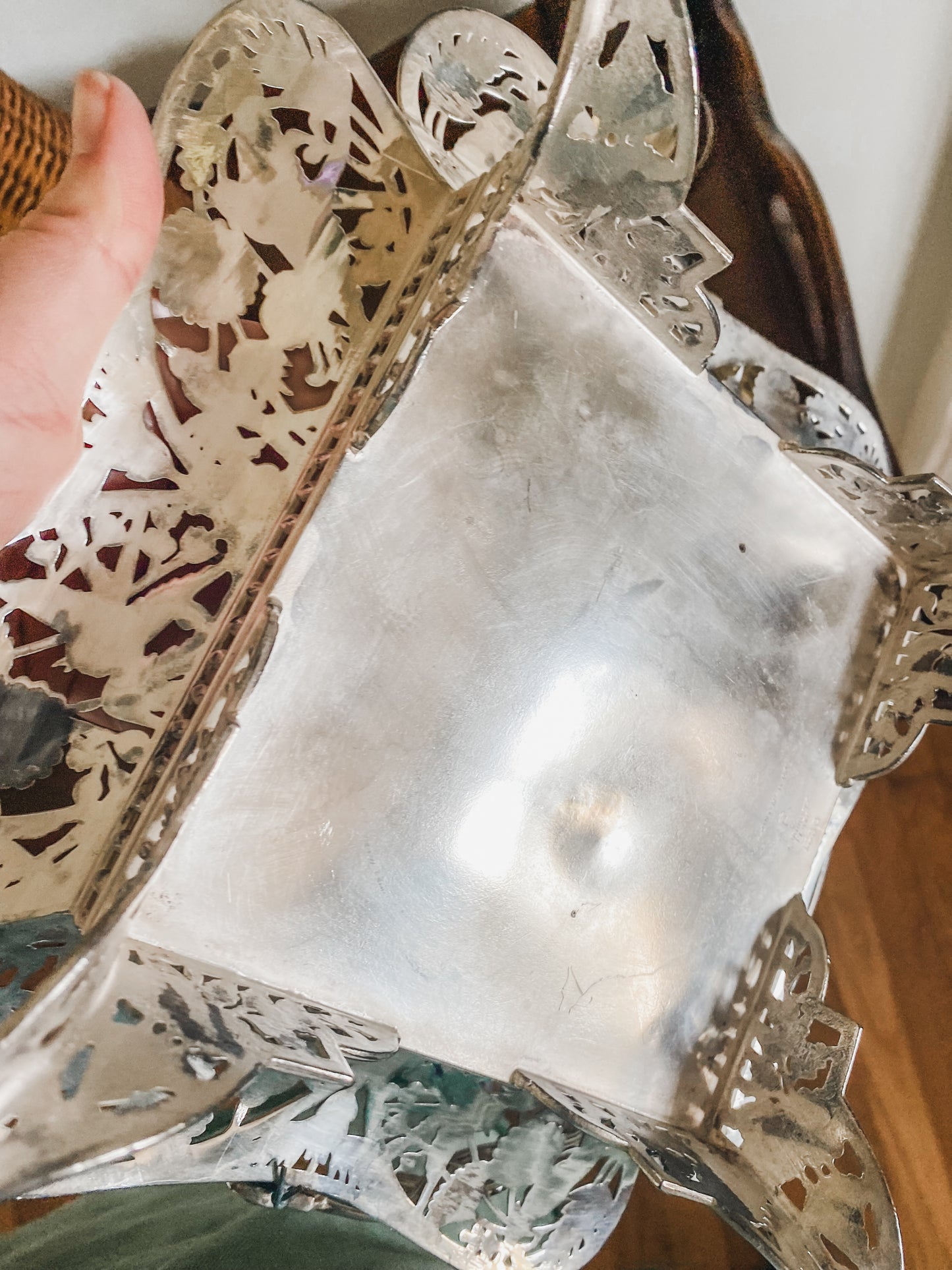 Excellent Antique Quadroupleplate Hummingbird Basket