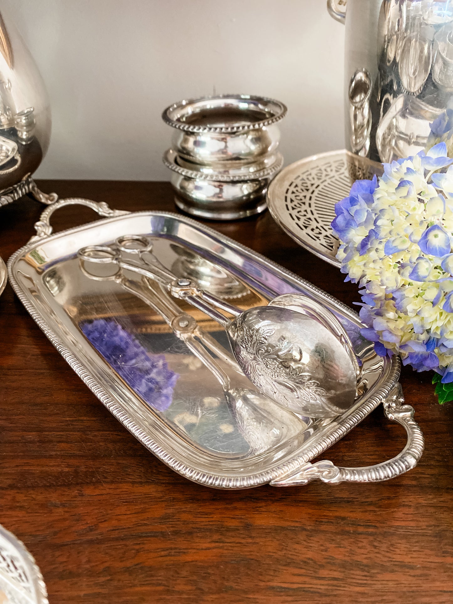 Antique Silver Tray and Serving Tongs