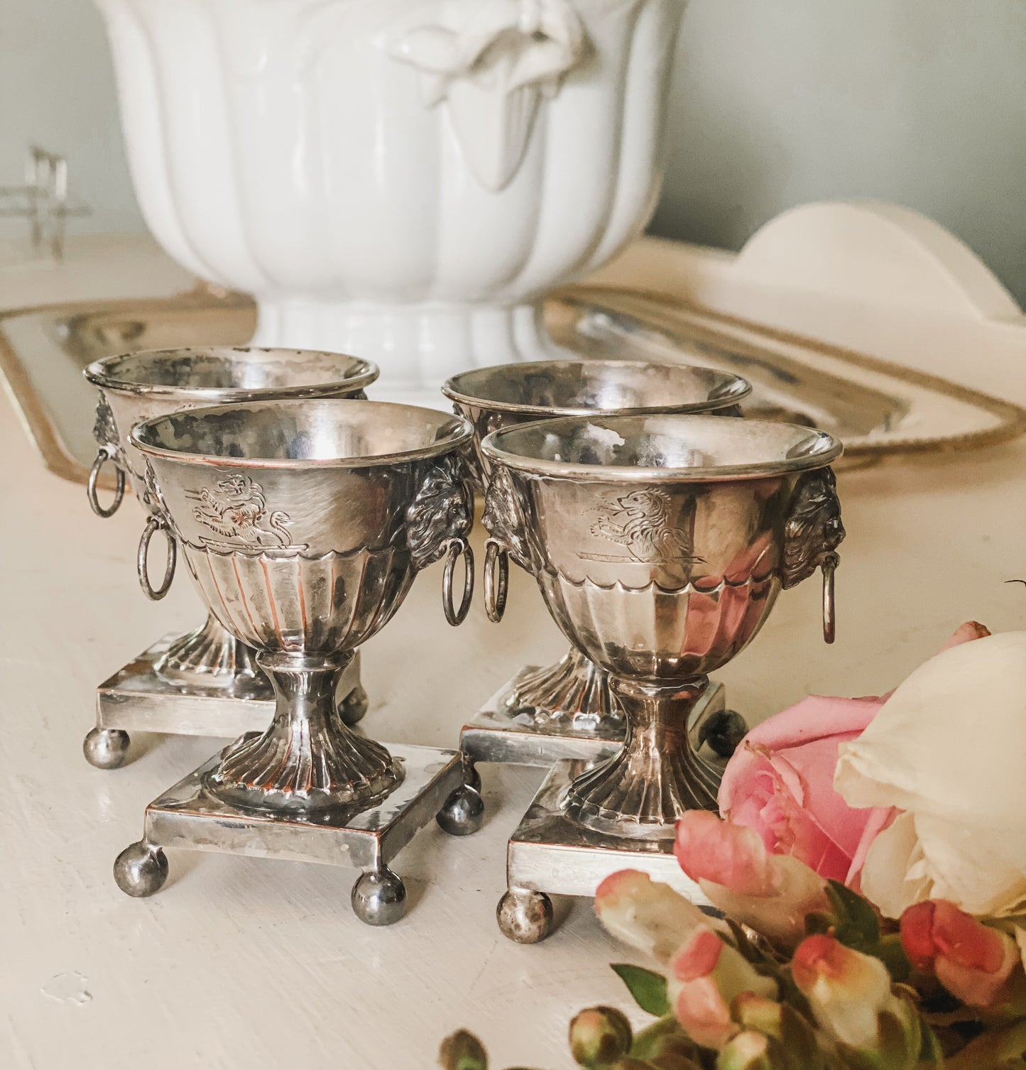 Set of 4 Antique Lion's Head Salt Cellars from the 1800's