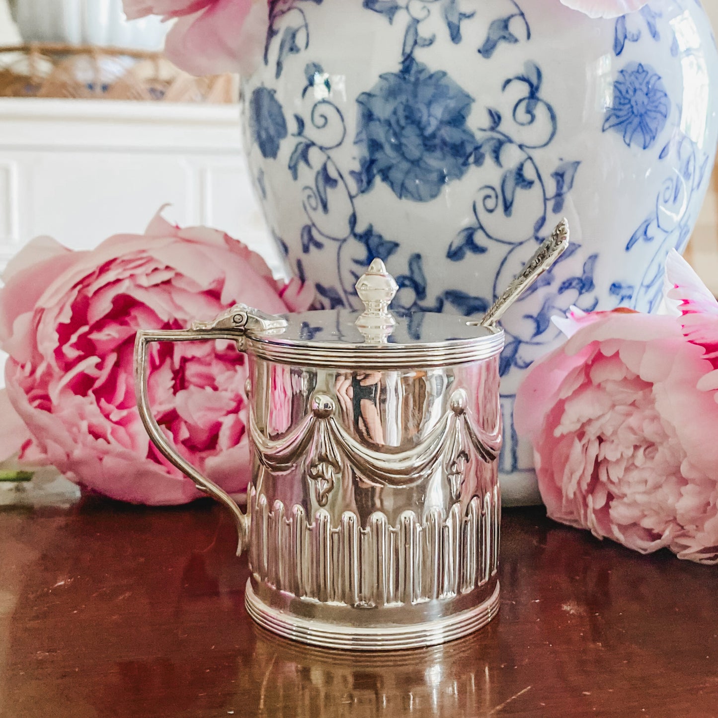 Beautiful Antique Silver Condiment Jar with spoon and Glass Insert