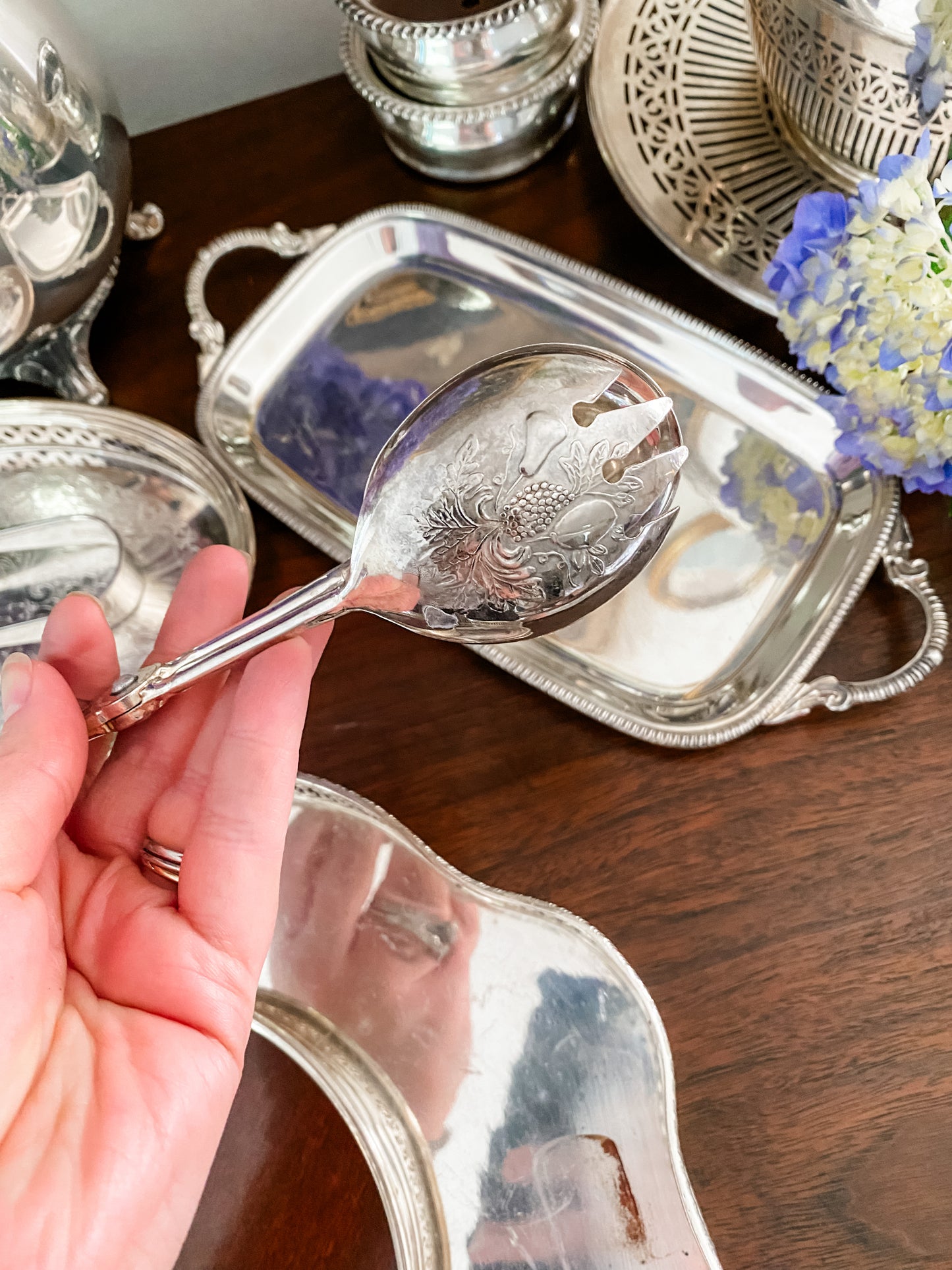 Antique Silver Tray and Serving Tongs