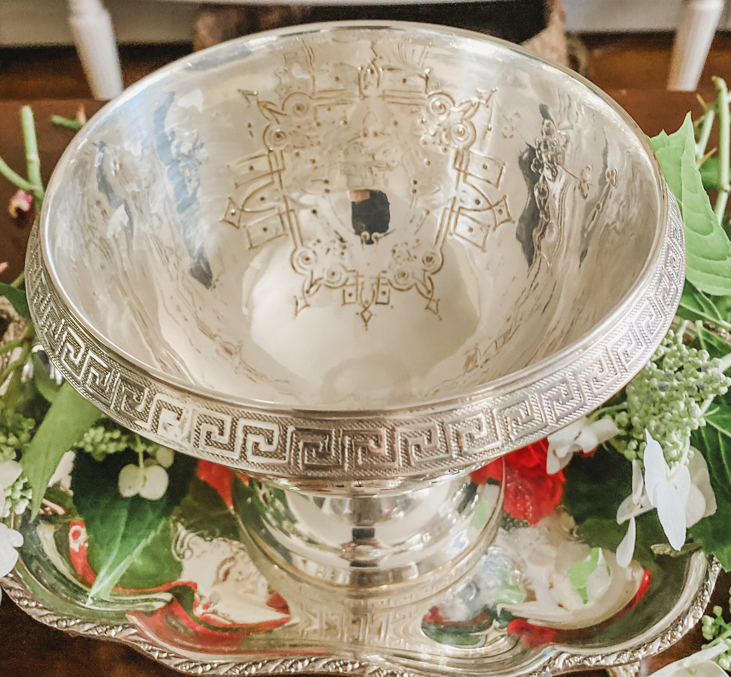 Antique Pedestal Greek Key Bowl