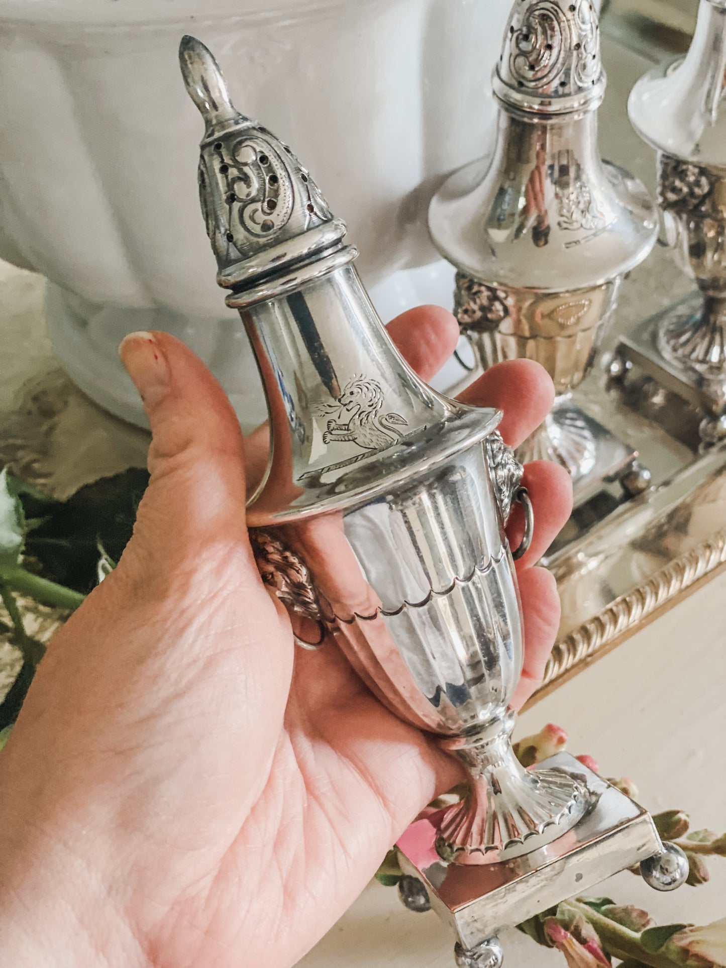 Set of Sheffield Silver 1800's Shakers with Lions Heads