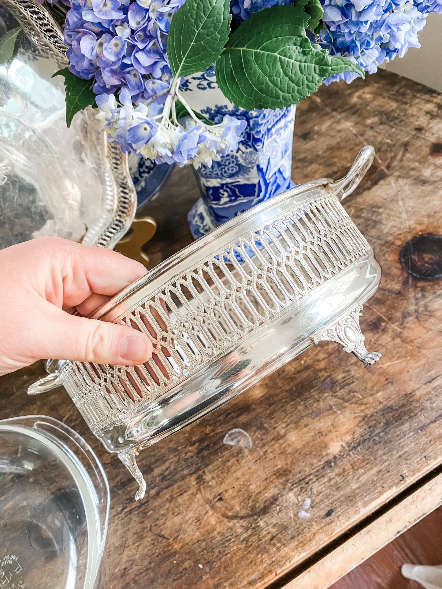 Glass Baking Dish  in a Reticulated Silver Holder