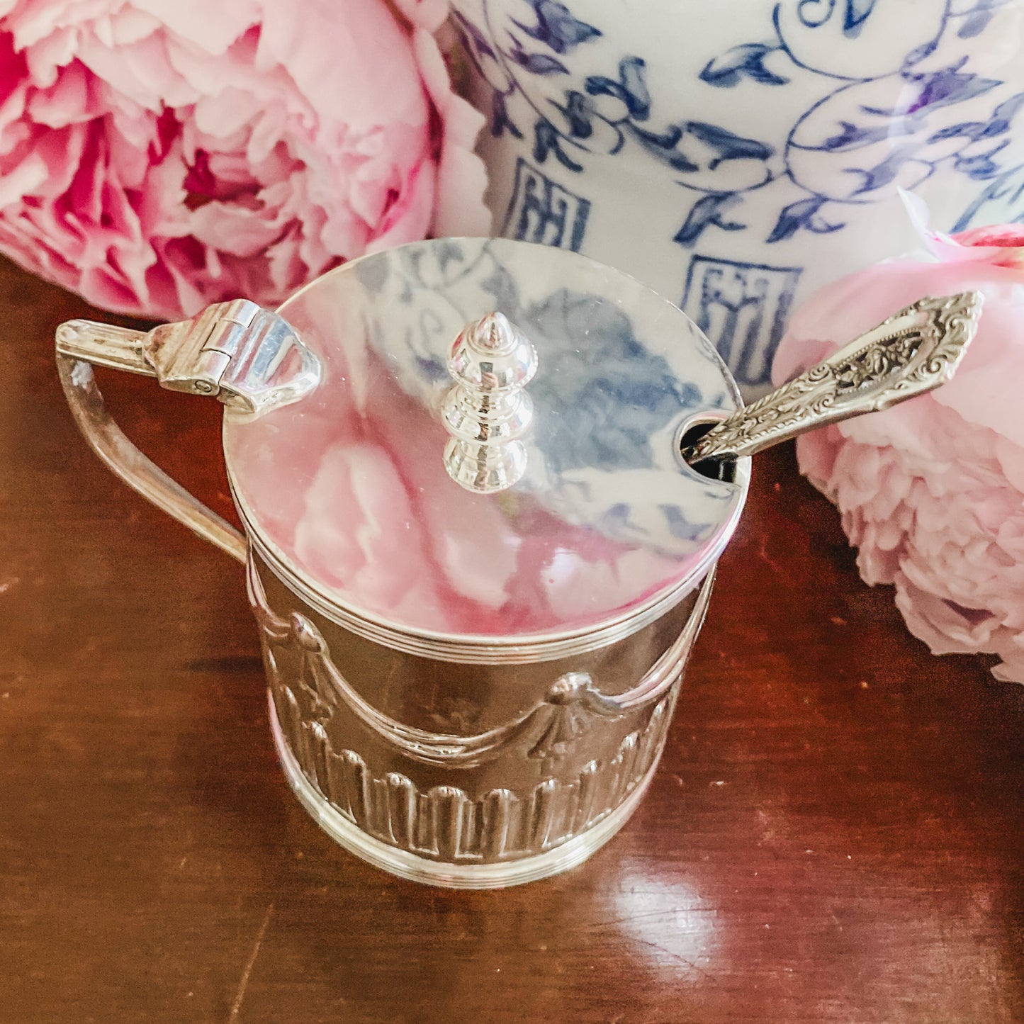 Beautiful Antique Silver Condiment Jar with spoon and Glass Insert