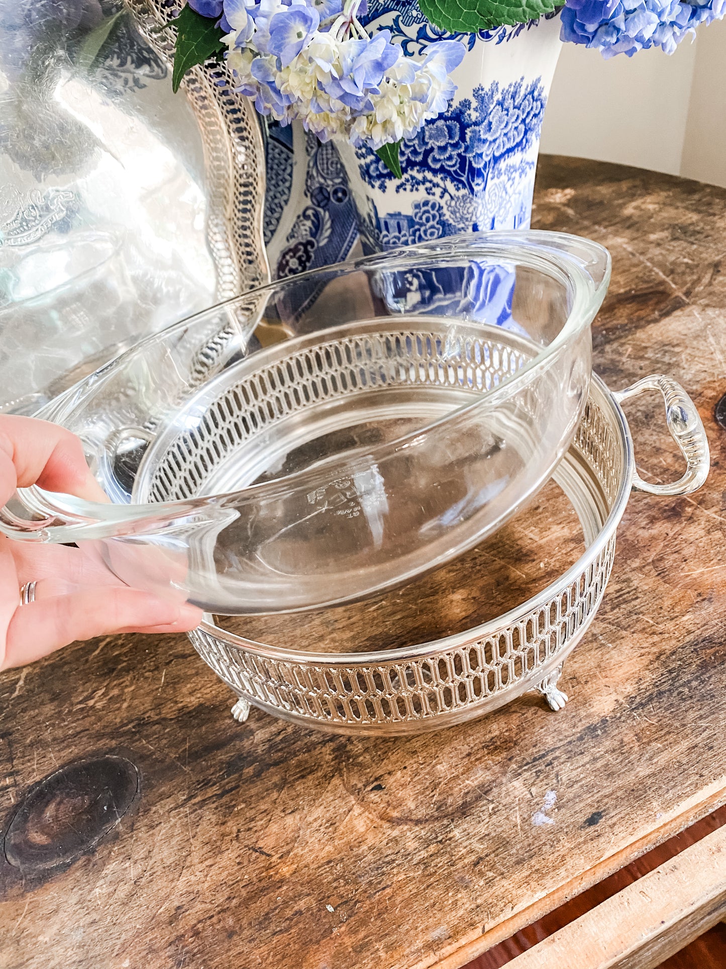 Glass Baking Dish  in a Reticulated Silver Holder
