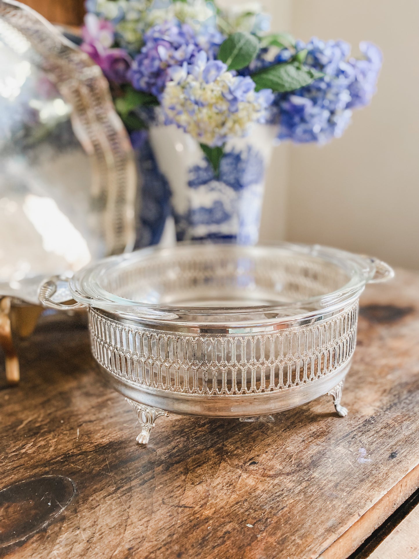 Glass Baking Dish  in a Reticulated Silver Holder