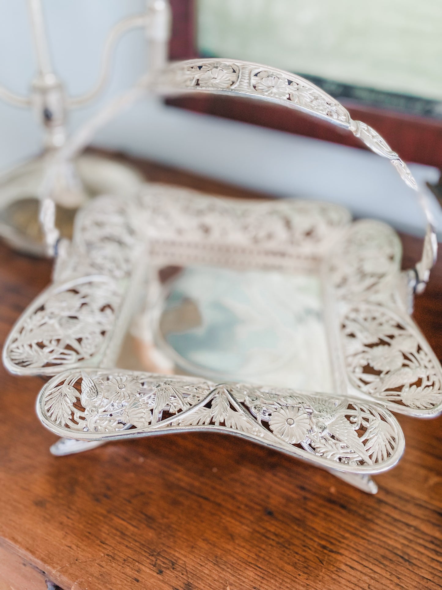 Excellent Antique Quadroupleplate Hummingbird Basket