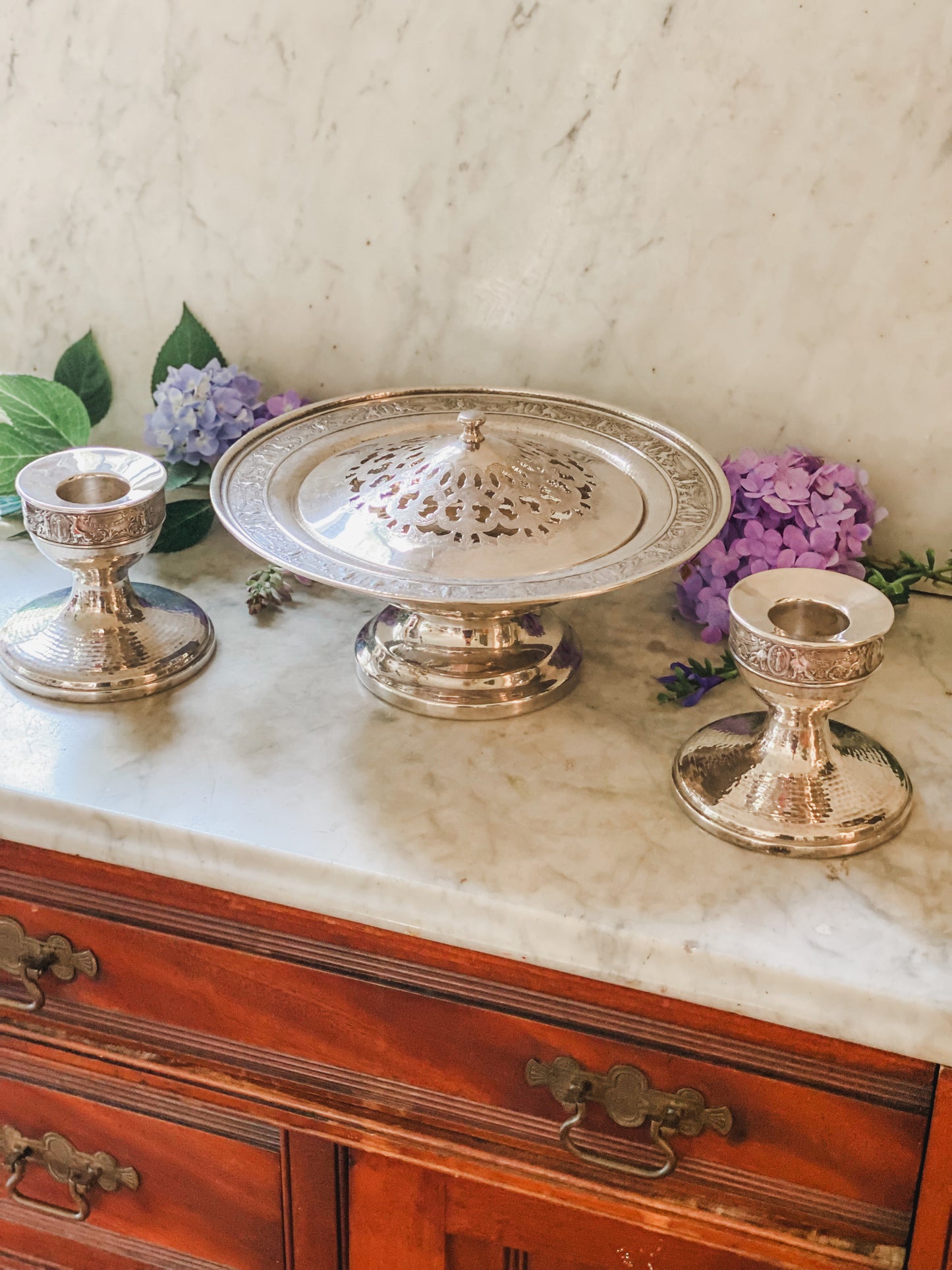 Art Nouveau Flower Frog Pedestal and Matching Candlesticks