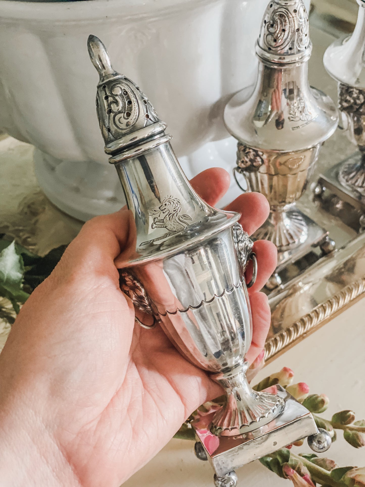 Set of Sheffield Silver 1800's Shakers with Lions Heads