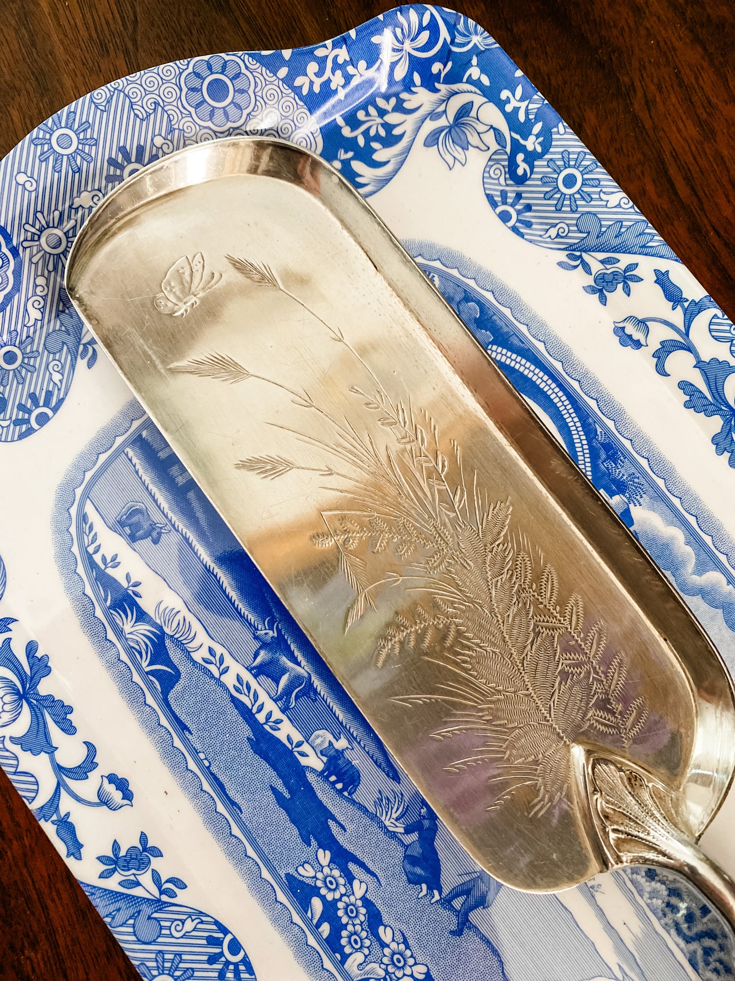 Fabulous!! English Staghorn Fish Server Etched with Butterflies from 1800's