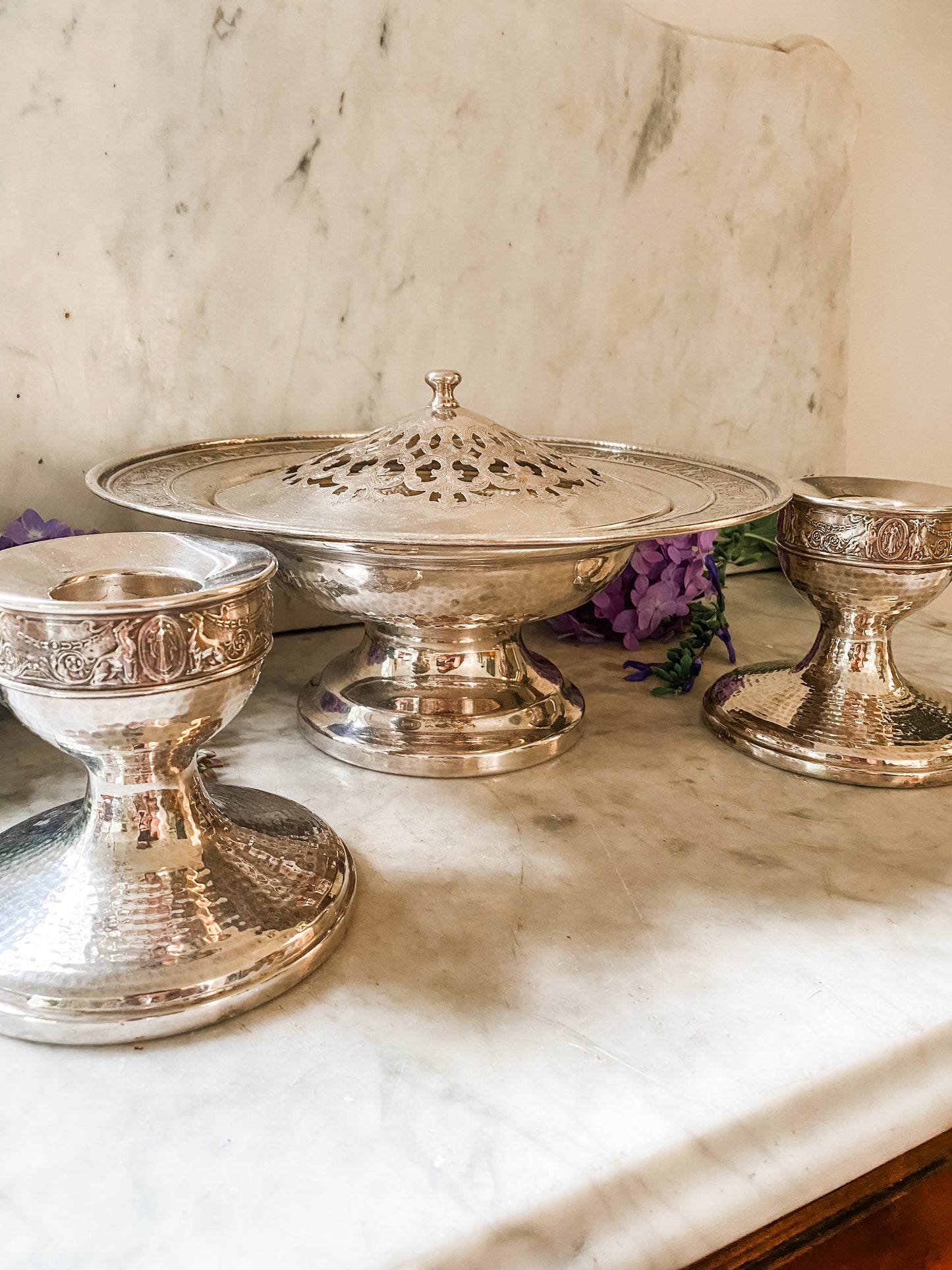 Art Nouveau Flower Frog Pedestal and Matching Candlesticks