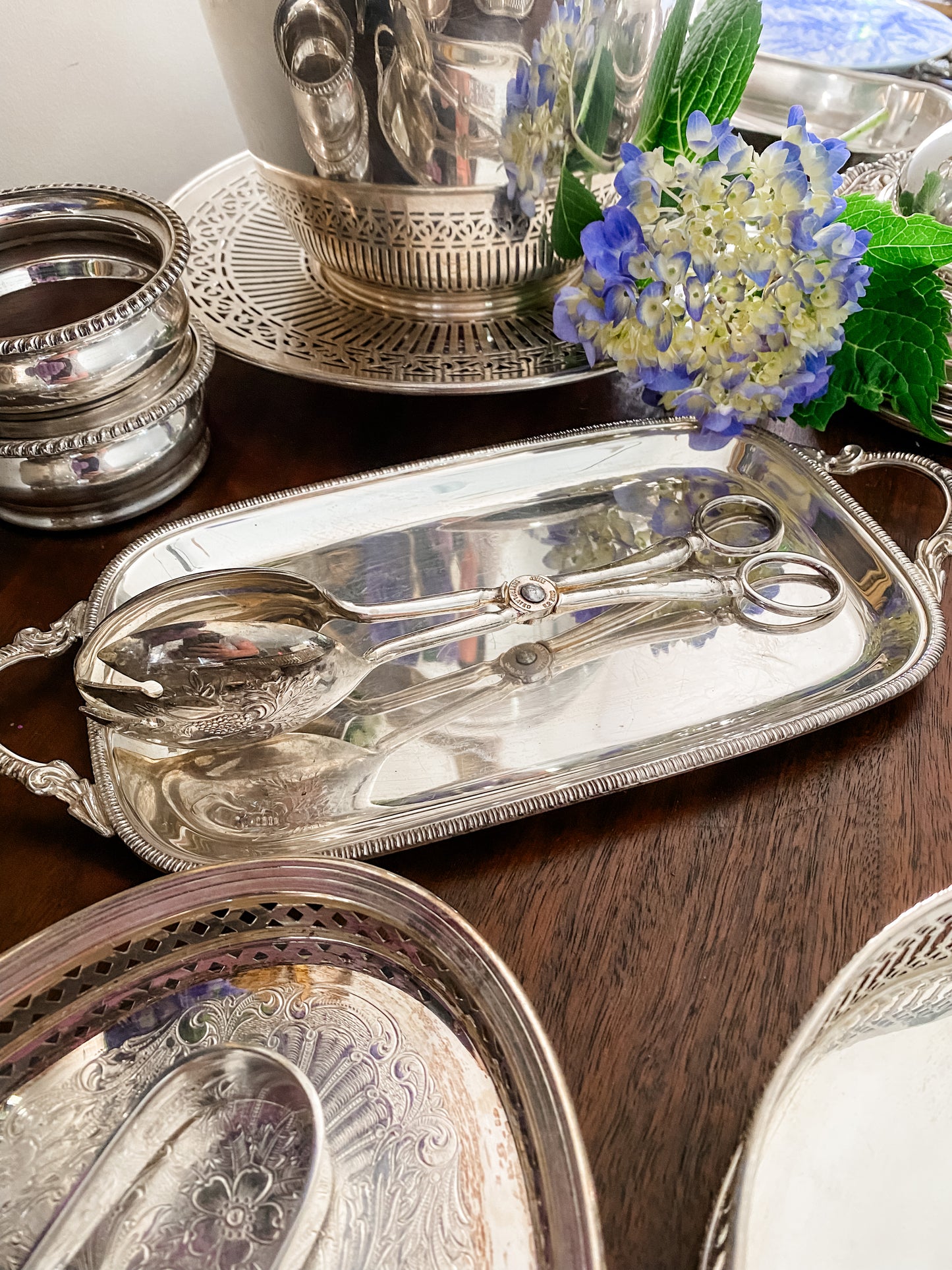 Antique Silver Tray and Serving Tongs