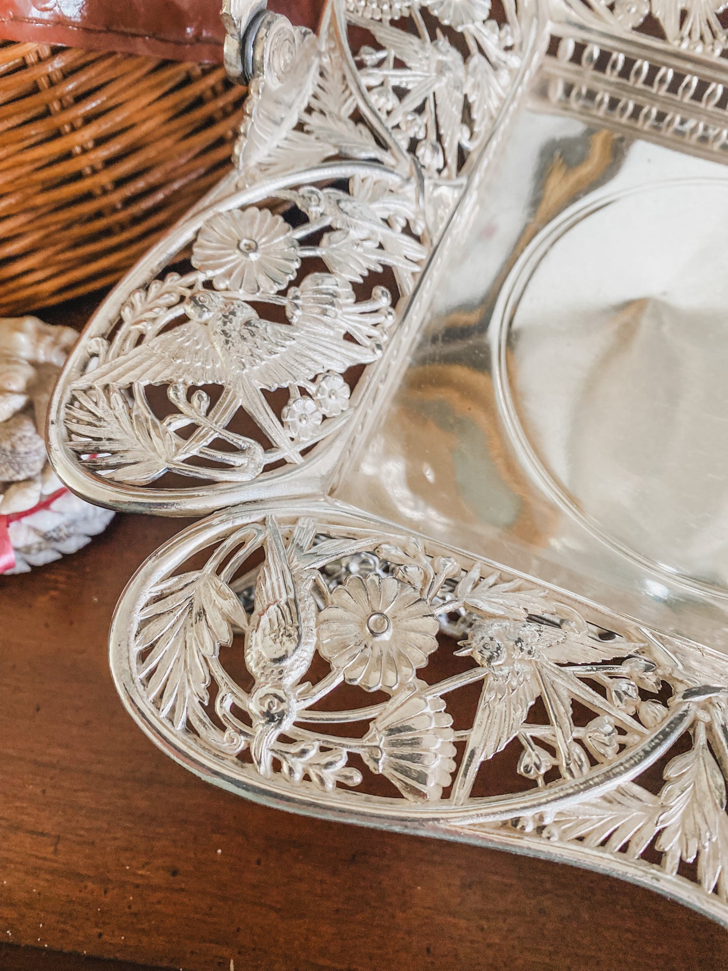 Excellent Antique Quadroupleplate Hummingbird Basket