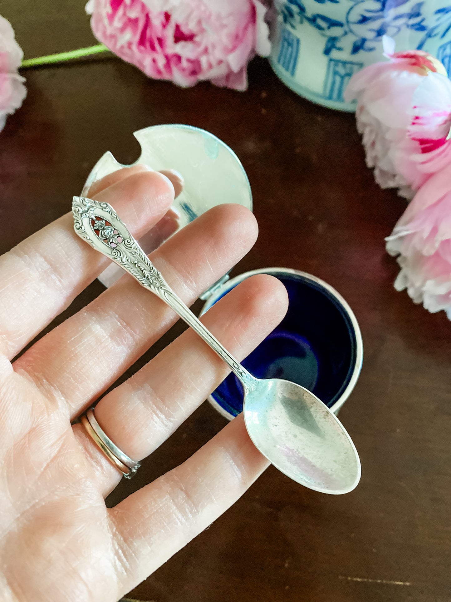Beautiful Antique Silver Condiment Jar with spoon and Glass Insert