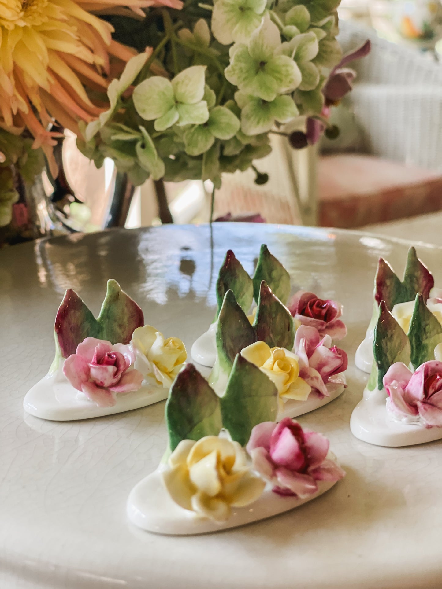 Set of 6 Staffordshire Pink and Yellow Placecard Holders