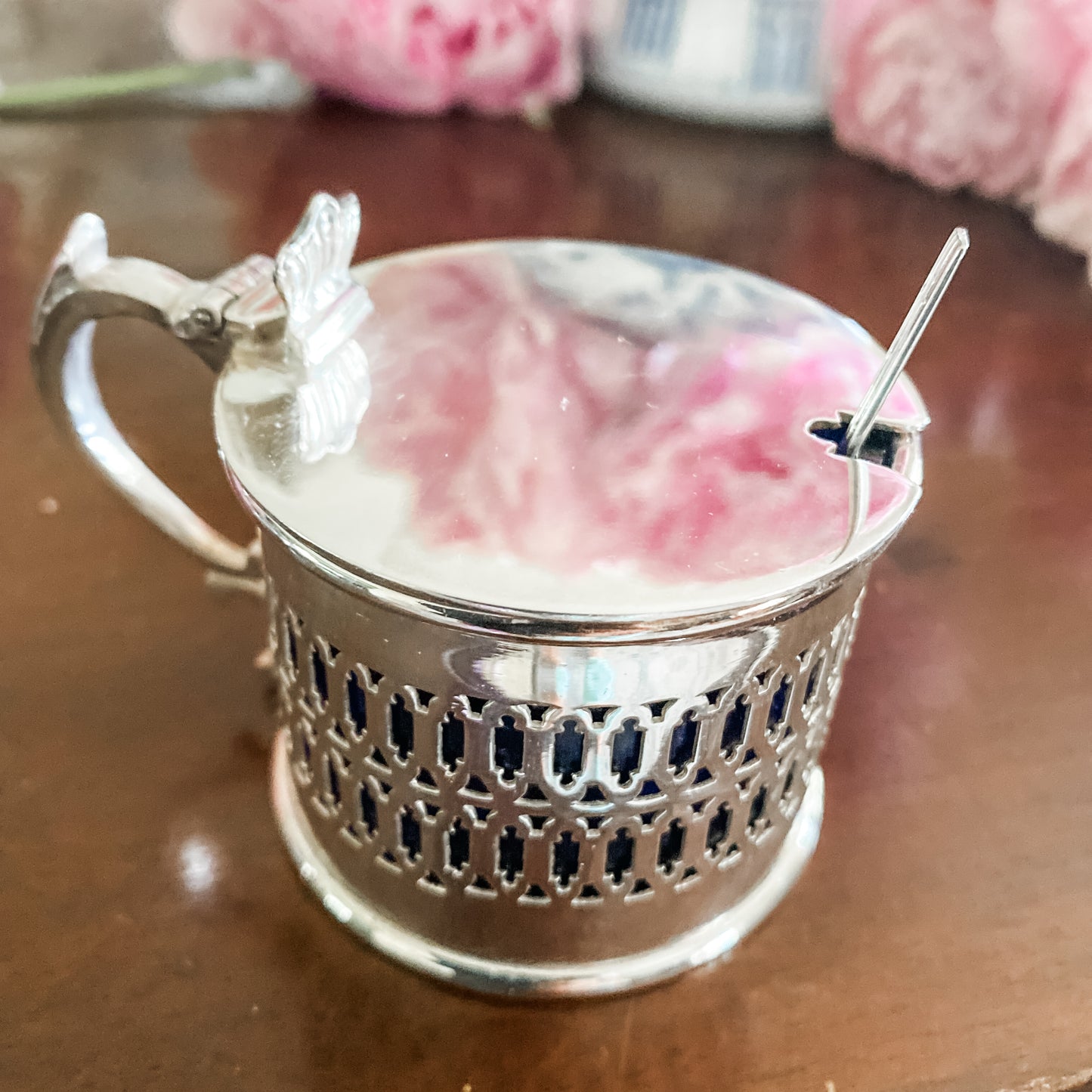 Antique Reticulated Silver Jar With Cobalt Blue Liner