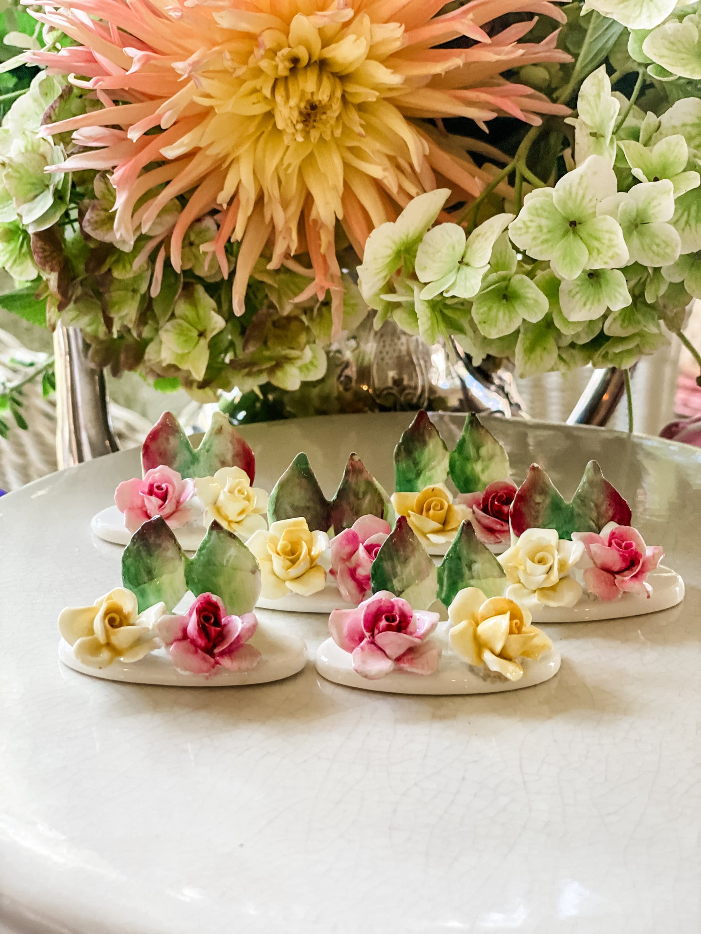 Set of 6 Staffordshire Pink and Yellow Placecard Holders