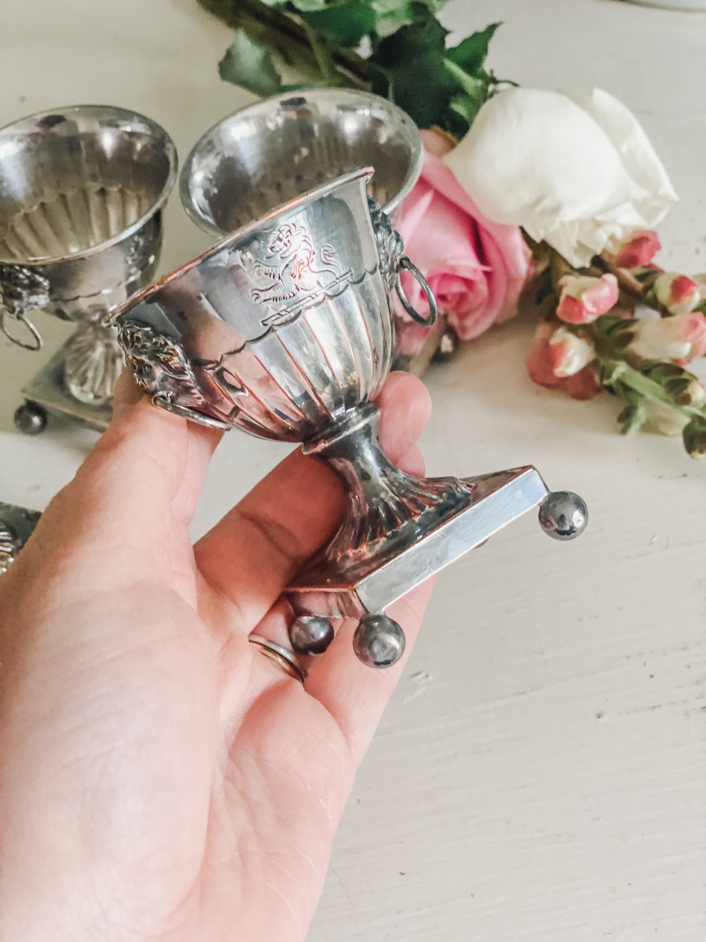 Set of 4 Antique Lion's Head Salt Cellars from the 1800's