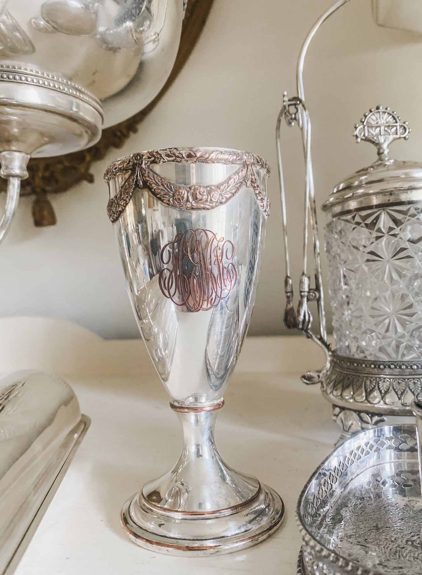 Antique Pedestal Vase With Flora Bunting Surround