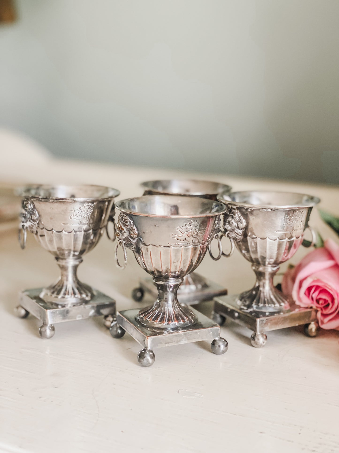 Set of 4 Antique Lion's Head Salt Cellars from the 1800's