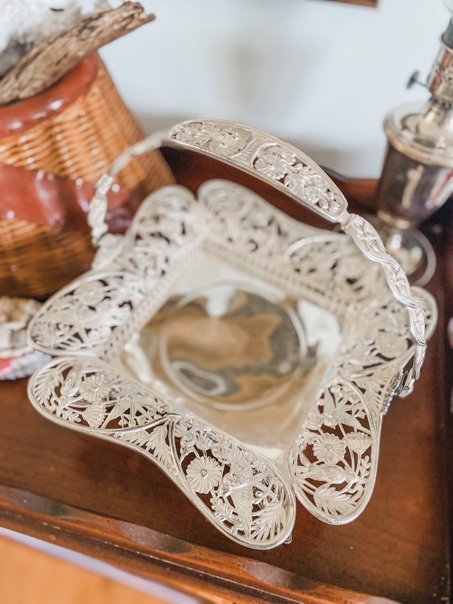 Excellent Antique Quadroupleplate Hummingbird Basket