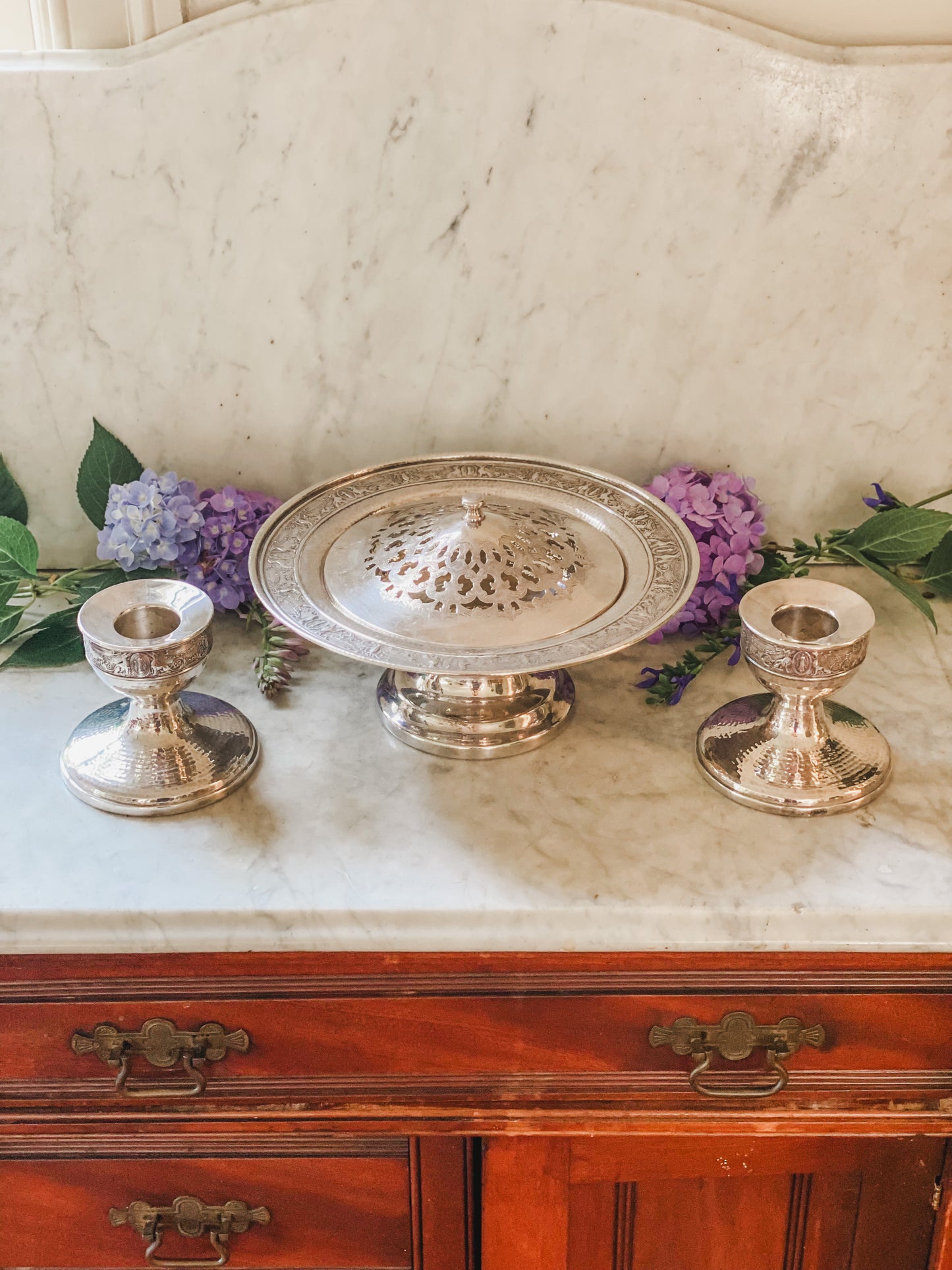 Art Nouveau Flower Frog Pedestal and Matching Candlesticks