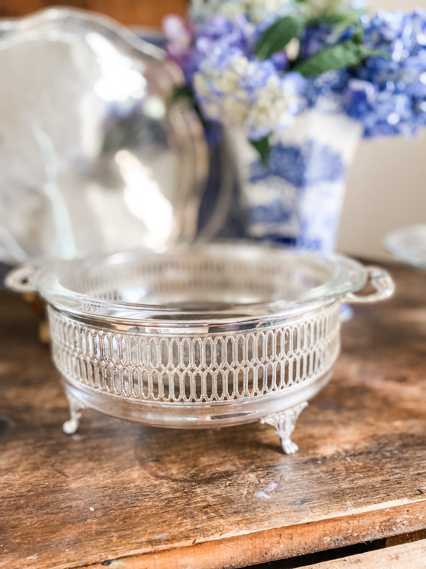 Glass Baking Dish  in a Reticulated Silver Holder