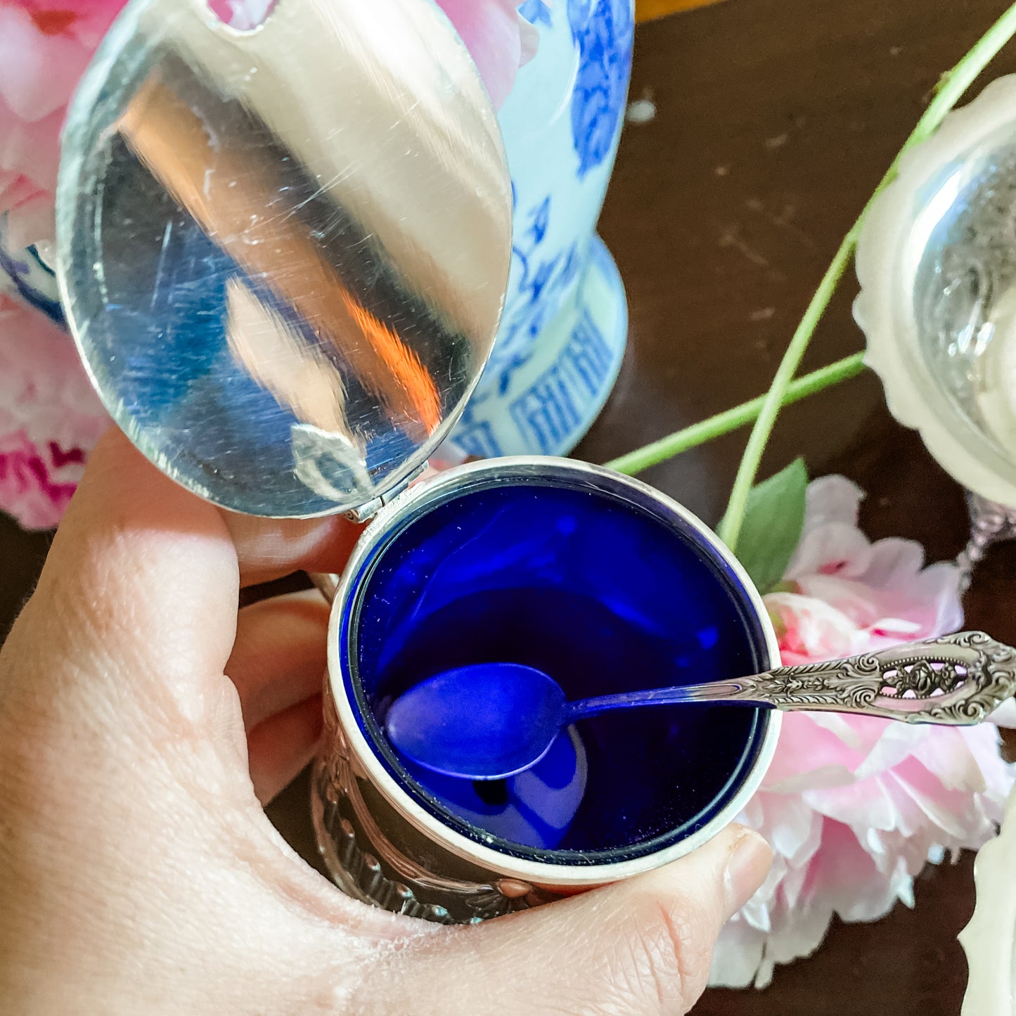 Beautiful Antique Silver Condiment Jar with spoon and Glass Insert
