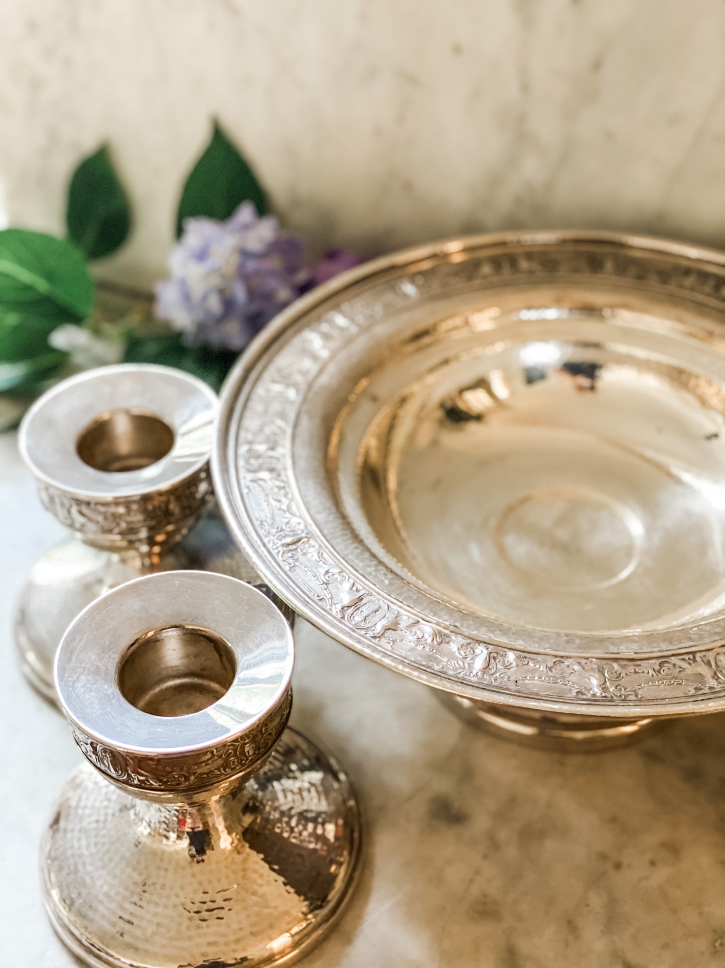 Art Nouveau Flower Frog Pedestal and Matching Candlesticks