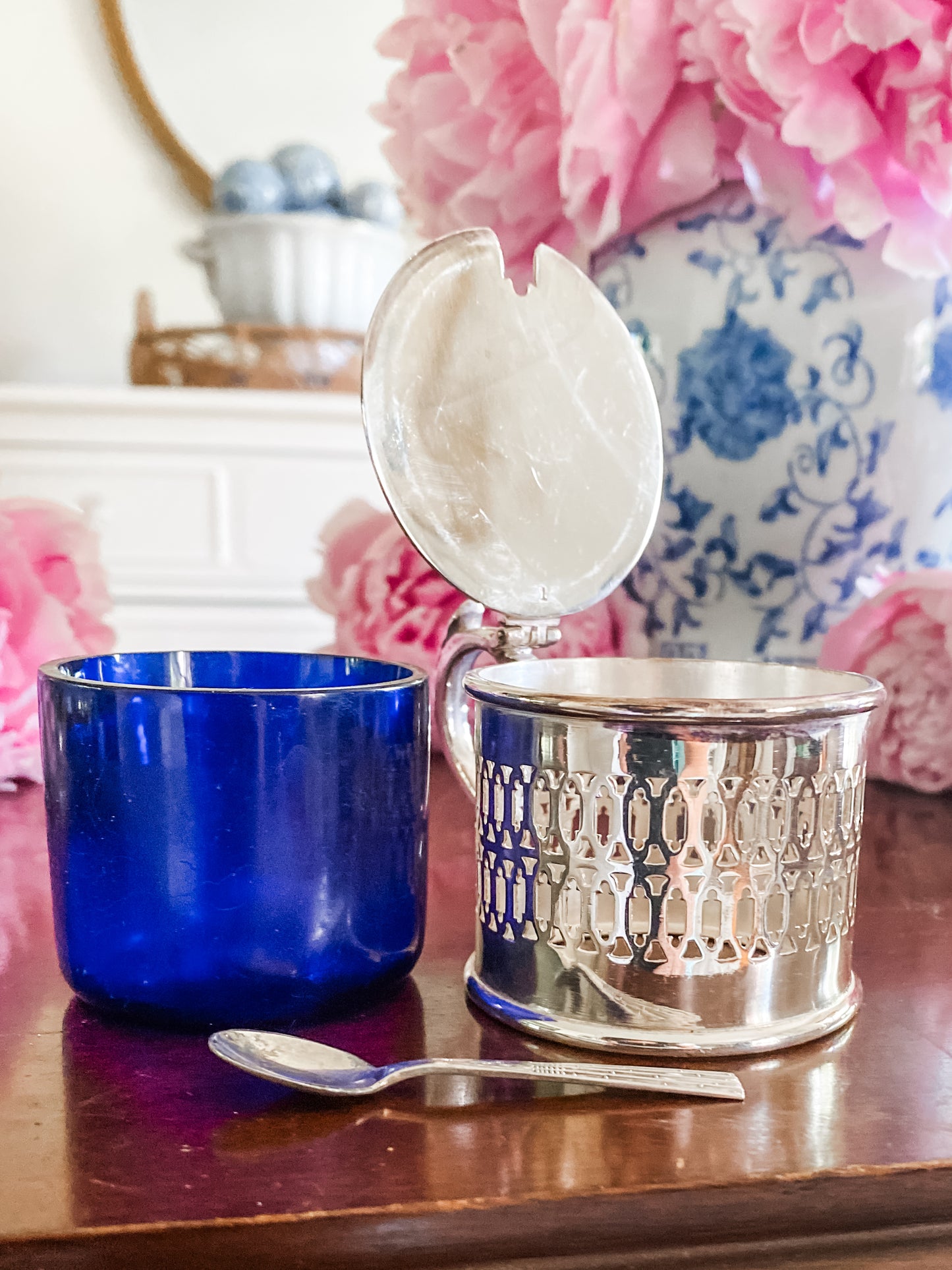 Antique Reticulated Silver Jar With Cobalt Blue Liner