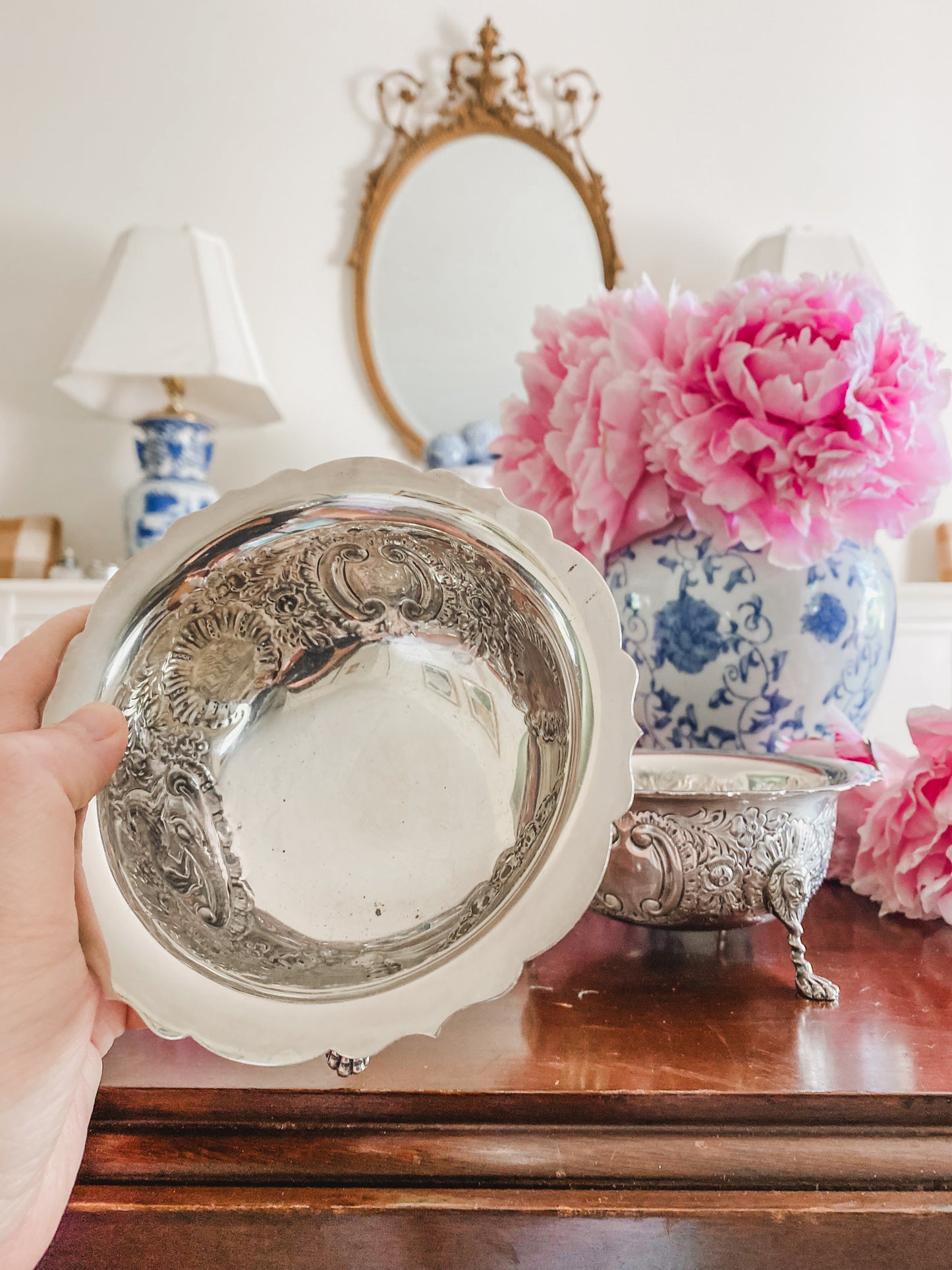 Pair of English Barker Ellis Repousee Bowls with Swan and Elaborate Lion Head Details