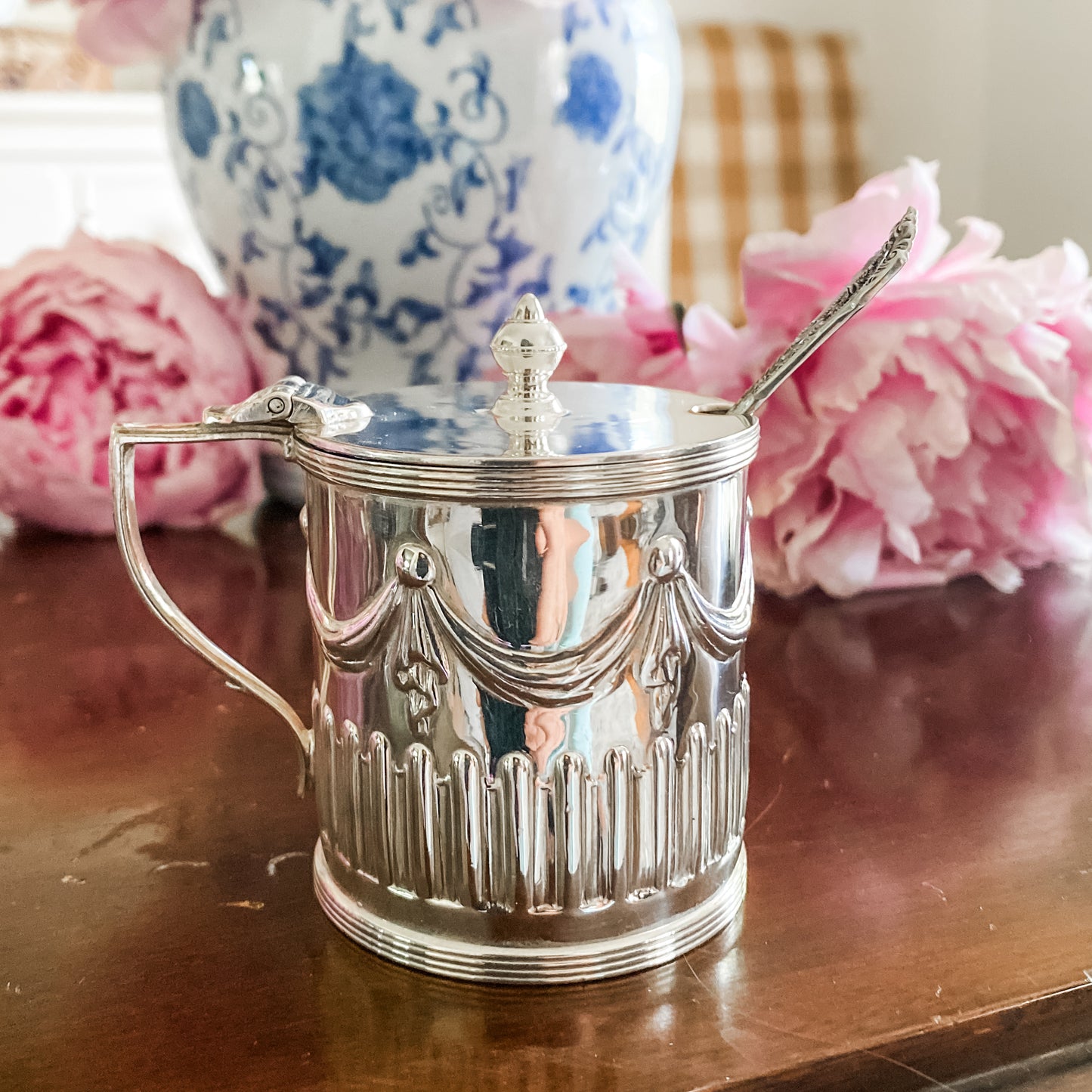 Beautiful Antique Silver Condiment Jar with spoon and Glass Insert
