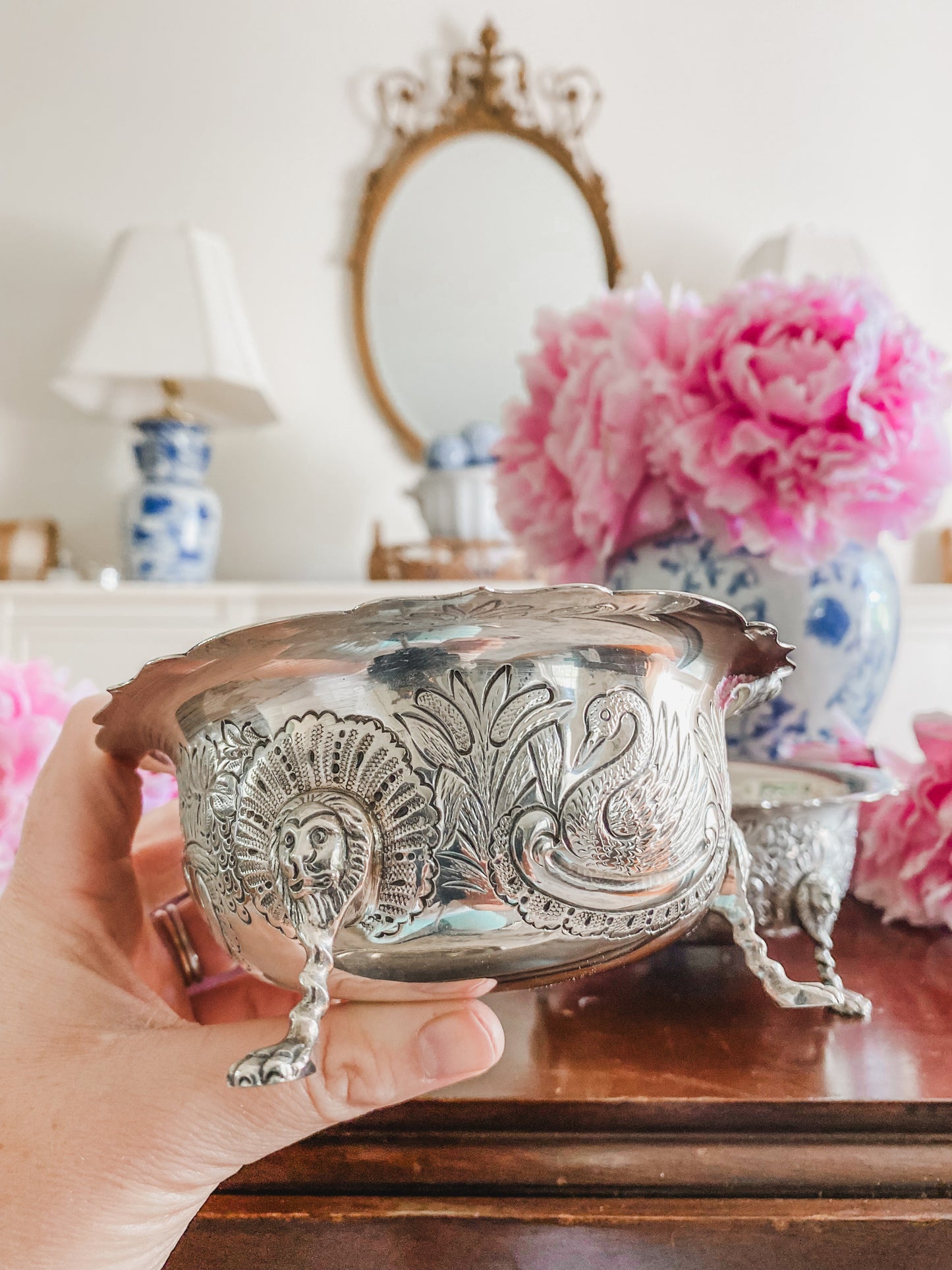 Pair of English Barker Ellis Repousee Bowls with Swan and Elaborate Lion Head Details