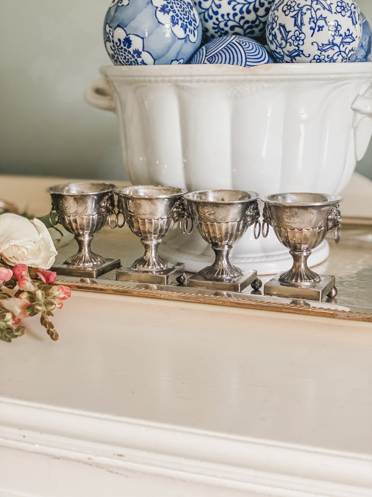 Set of 4 Antique Lion's Head Salt Cellars from the 1800's