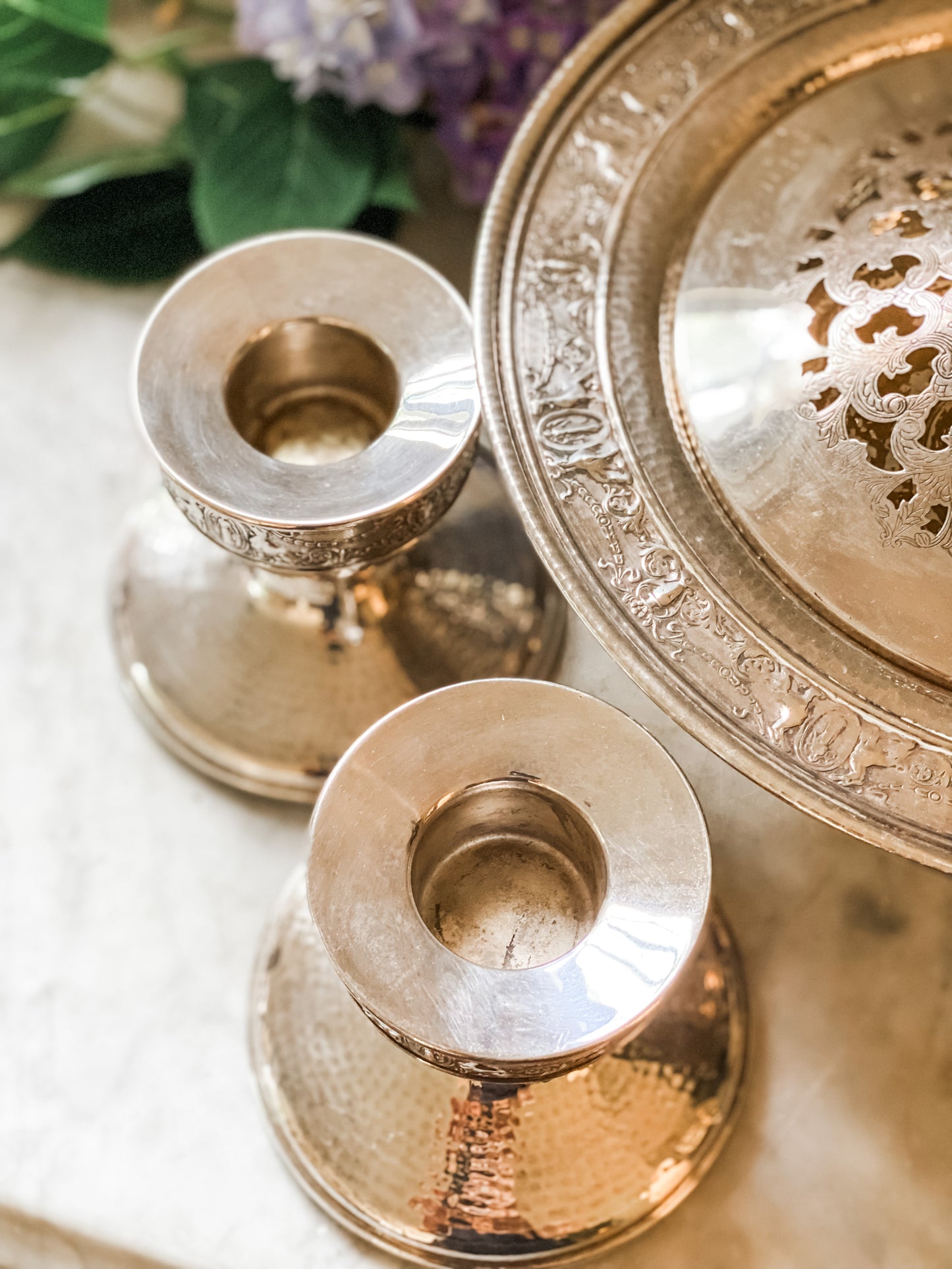 Art Nouveau Flower Frog Pedestal and Matching Candlesticks