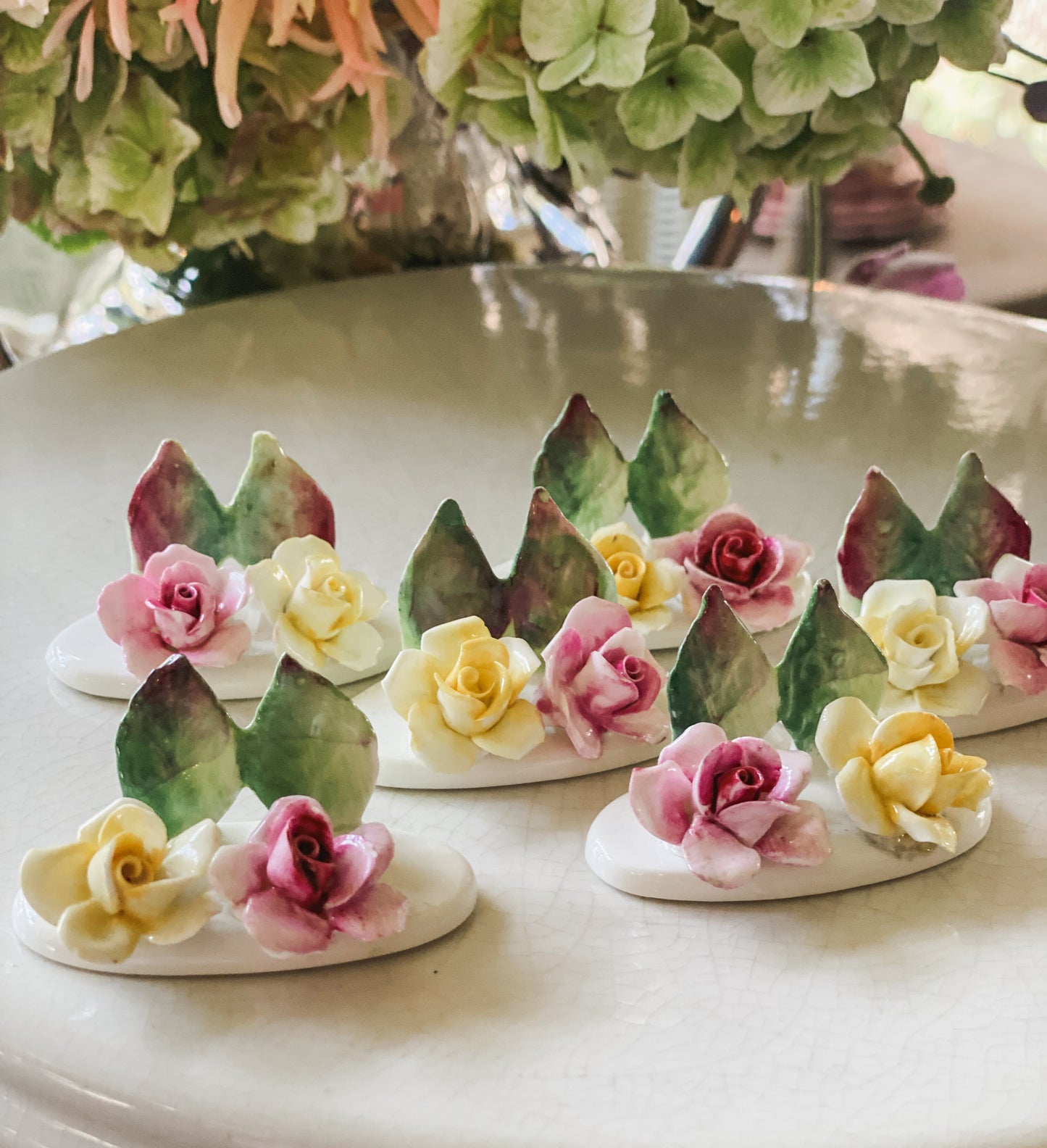 Set of 6 Staffordshire Pink and Yellow Placecard Holders