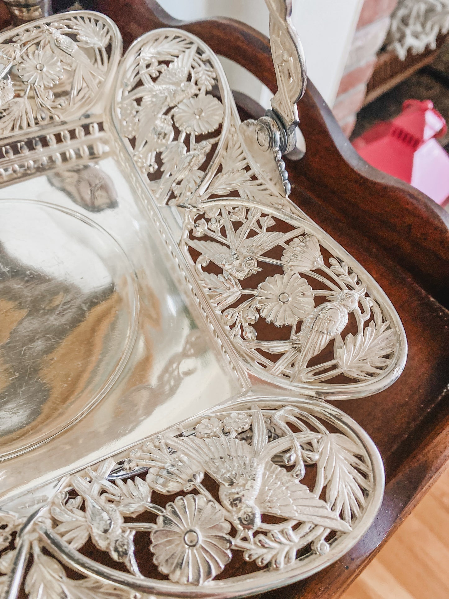 Excellent Antique Quadroupleplate Hummingbird Basket