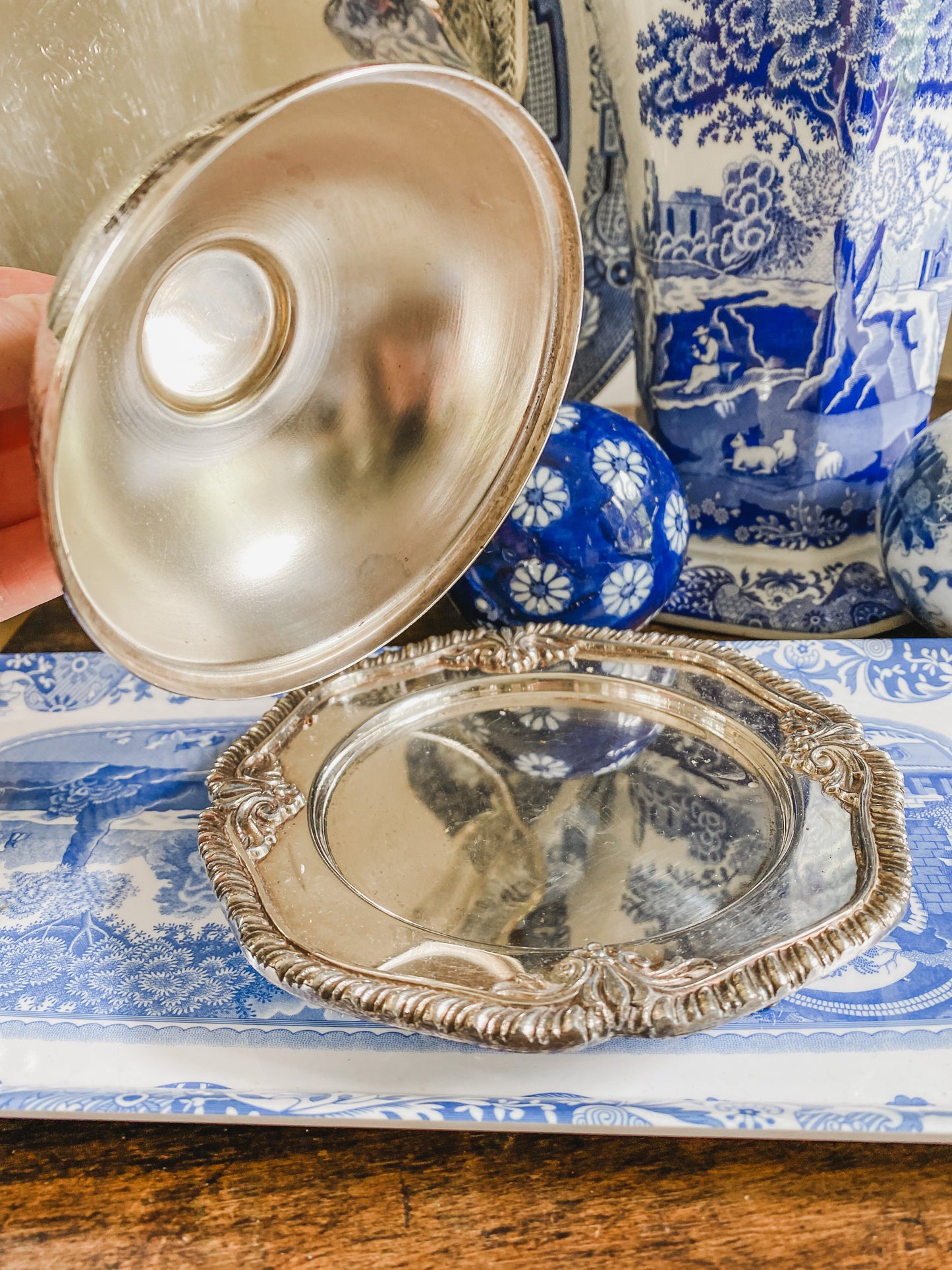 Antique Silver Butter Dish with Dome Lid