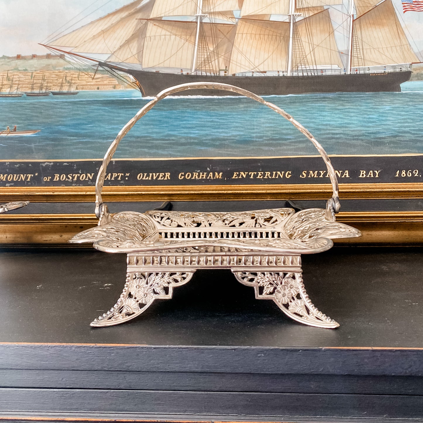 Excellent Antique Quadroupleplate Hummingbird Basket