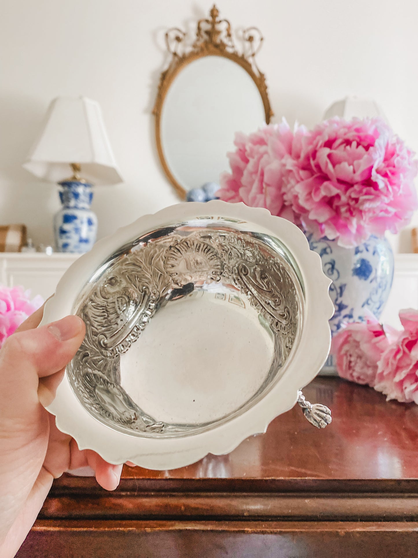 Pair of English Barker Ellis Repousee Bowls with Swan and Elaborate Lion Head Details
