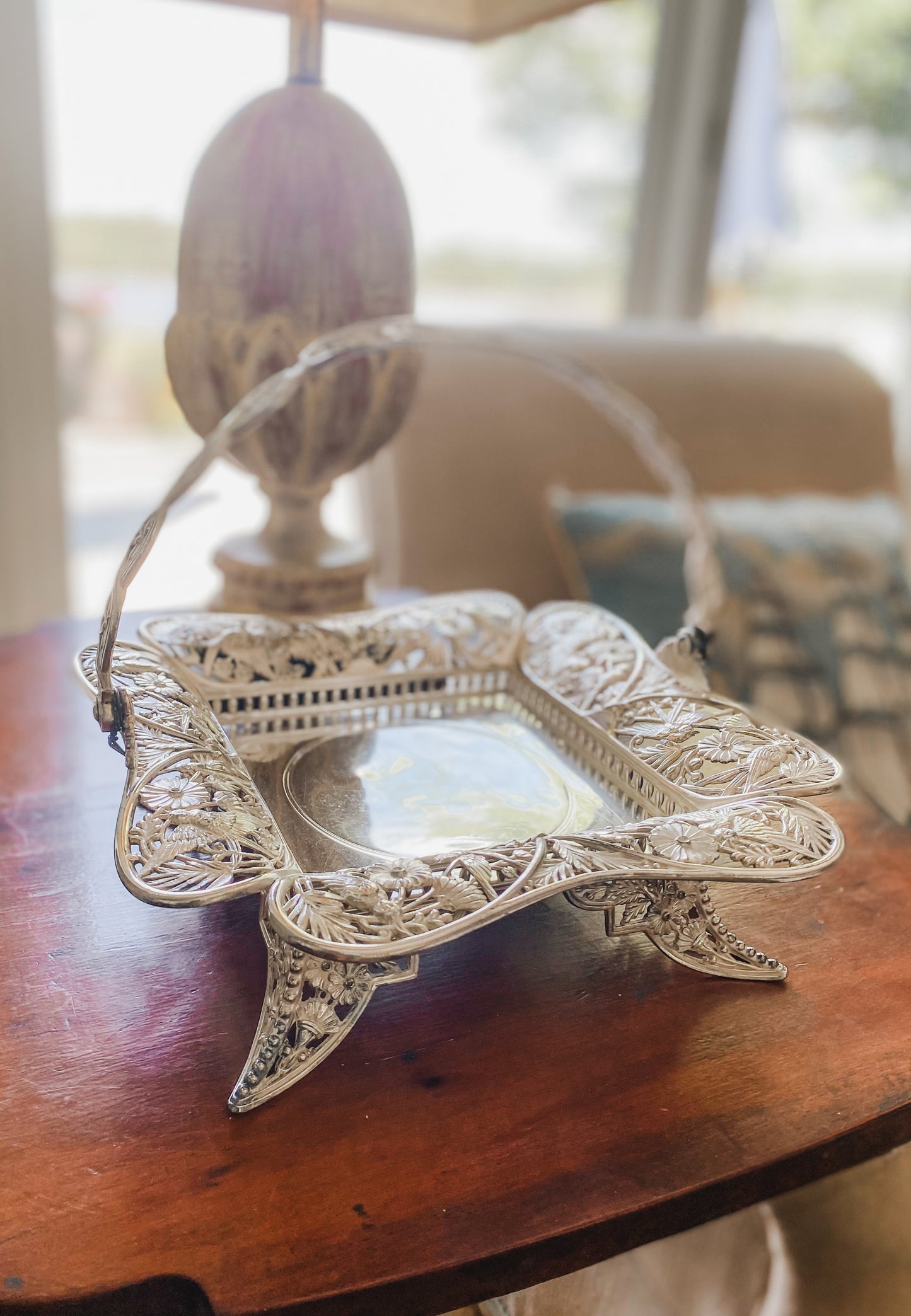 Excellent Antique Quadroupleplate Hummingbird Basket