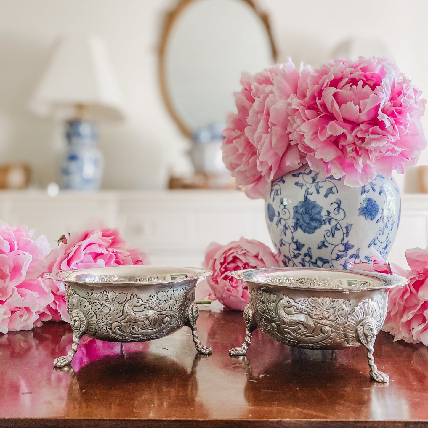 Pair of English Barker Ellis Repousee Bowls with Swan and Elaborate Lion Head Details