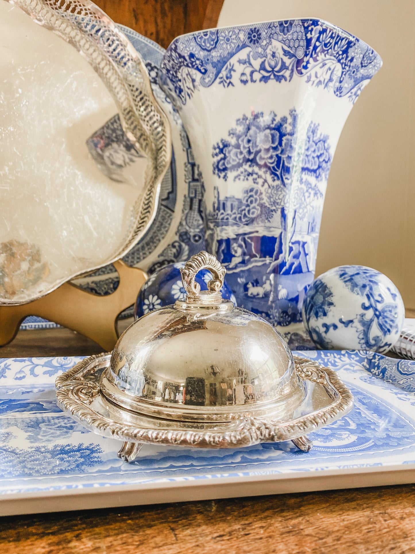 Antique Silver Butter Dish with Dome Lid