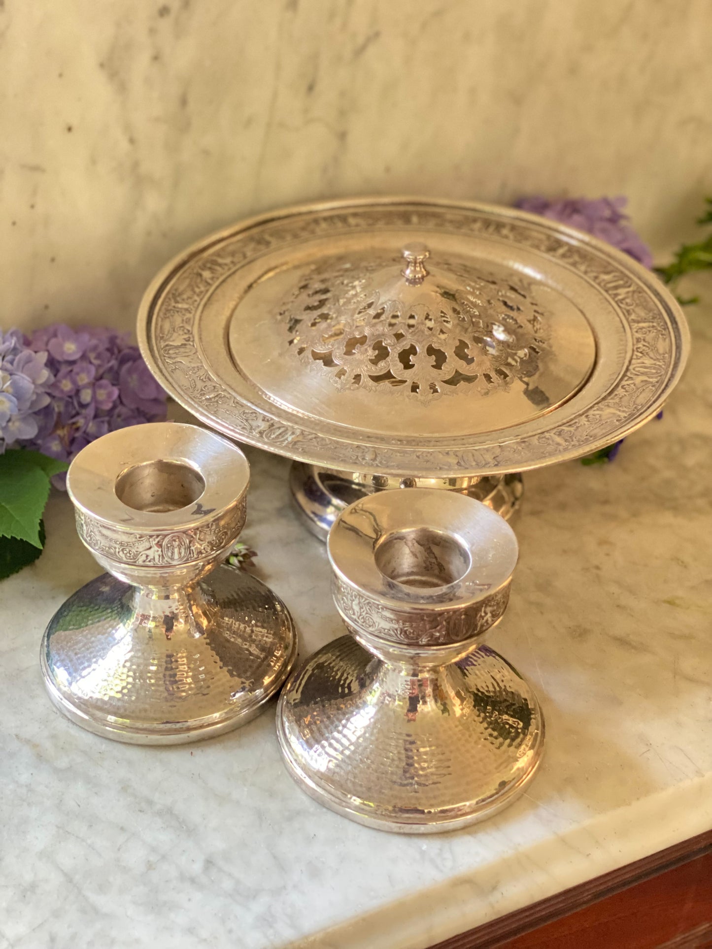 Art Nouveau Flower Frog Pedestal and Matching Candlesticks