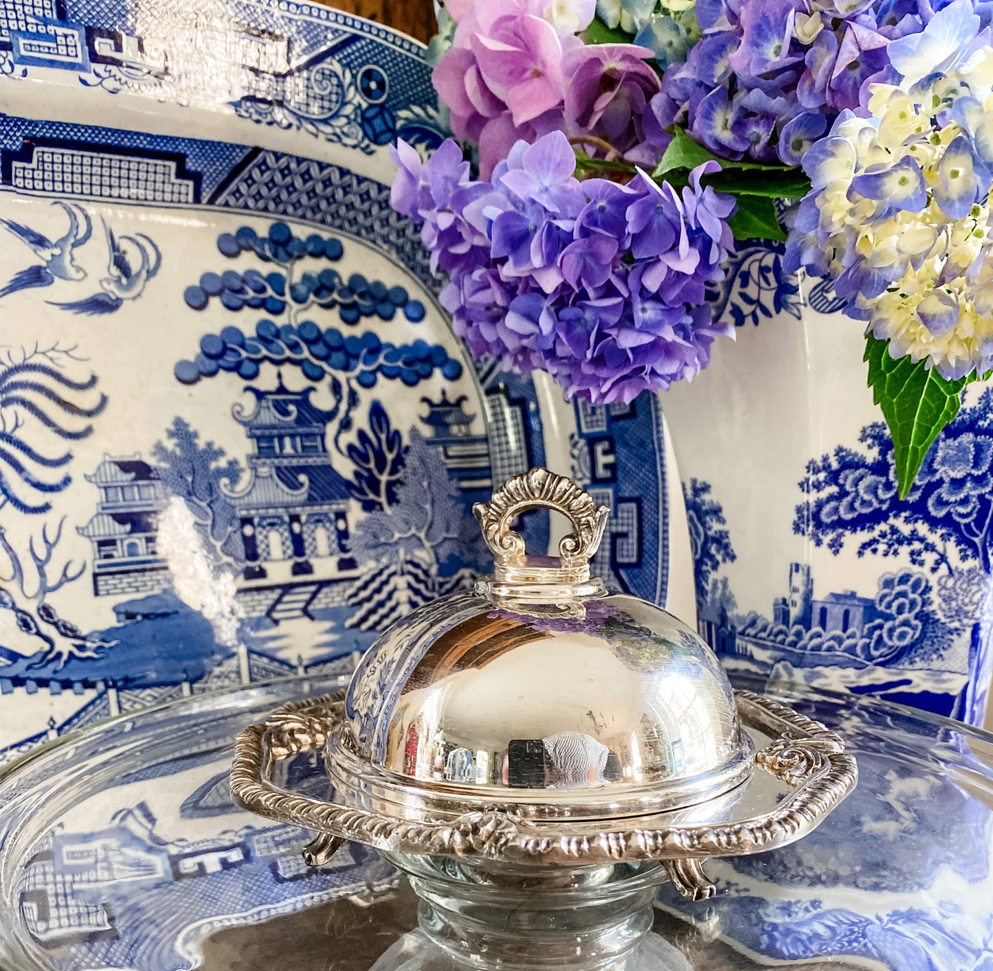 Antique Silver Butter Dish with Dome Lid